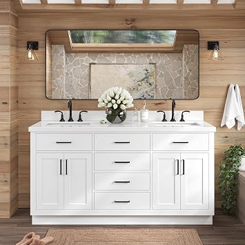 ARIEL Hepburn 66-inch Bathroom Vanity with Sink,Solid Wood, 1.5-inch Pure White Quartz Countertop & Backsplash, Double Rectangular Porcelain Sink, 4 Soft Closing Doors, 6 Dovetail Drawers, White