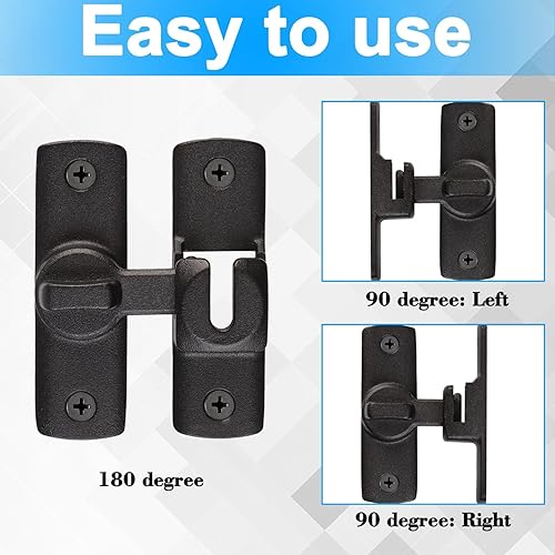 Miniatura 4 de Juego de 2 cerraduras de puerta de granero de 90/180 grados, cerraduras negras para puerta interior, pestillo para puertas de puerta abatible