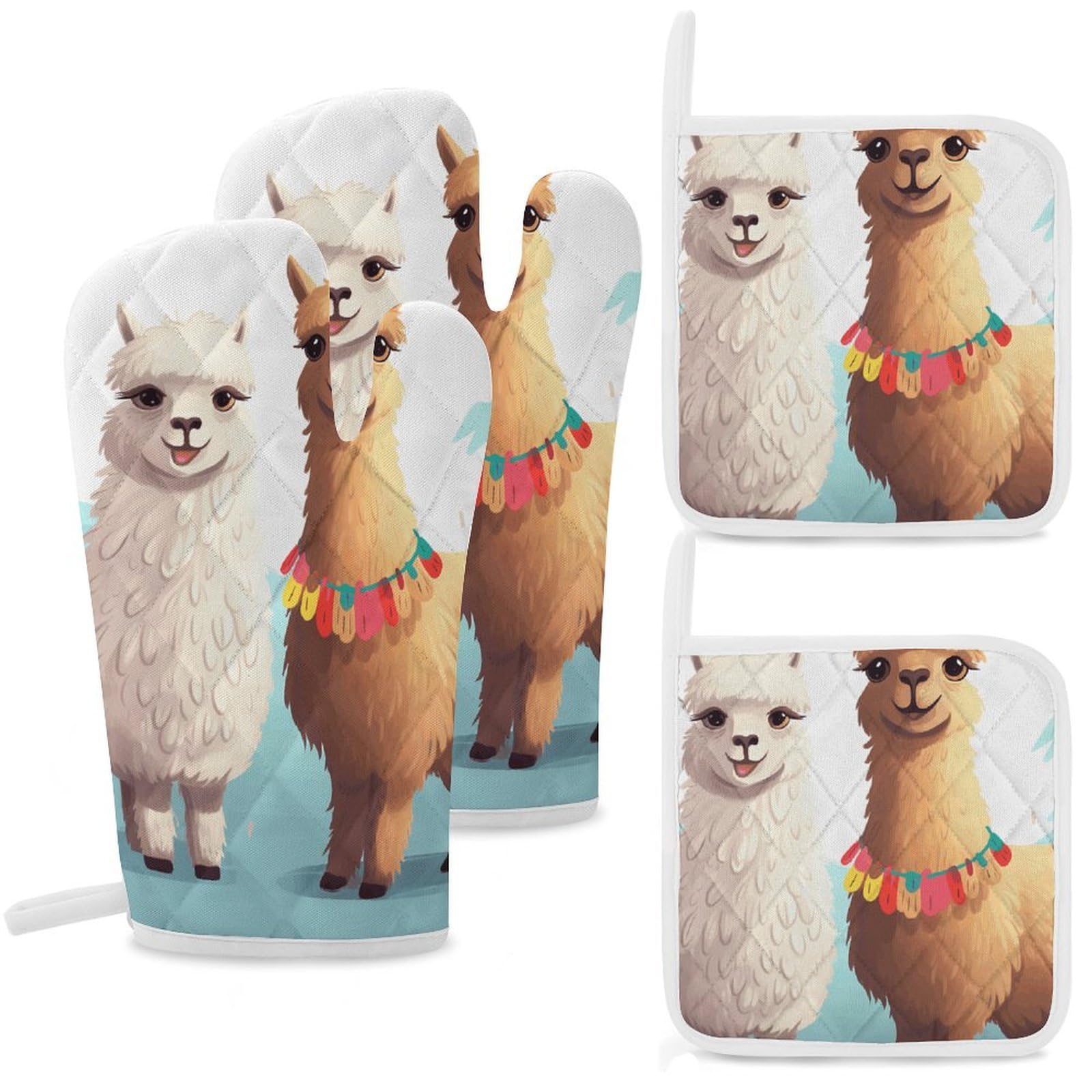 Llama Alpaca Oven Mitts and Pot Holders Sets Heat Resistant Oven Glove with Hanging Loop for Baking Cooking BBQ Thicken Potholders for Kitchen
