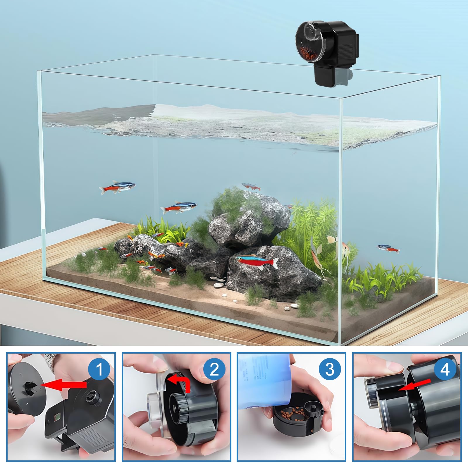 Distributeur automatique de nourriture pour poissons : 60 ml, pour granulés et bandes
