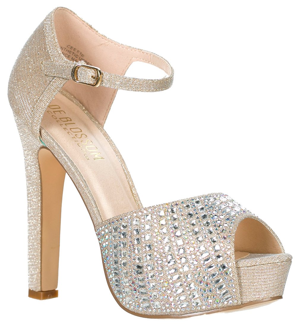 Blossom Womens Wedding Bridal Formal Ankle Strap High Heel Glitter Sandal Shoes
