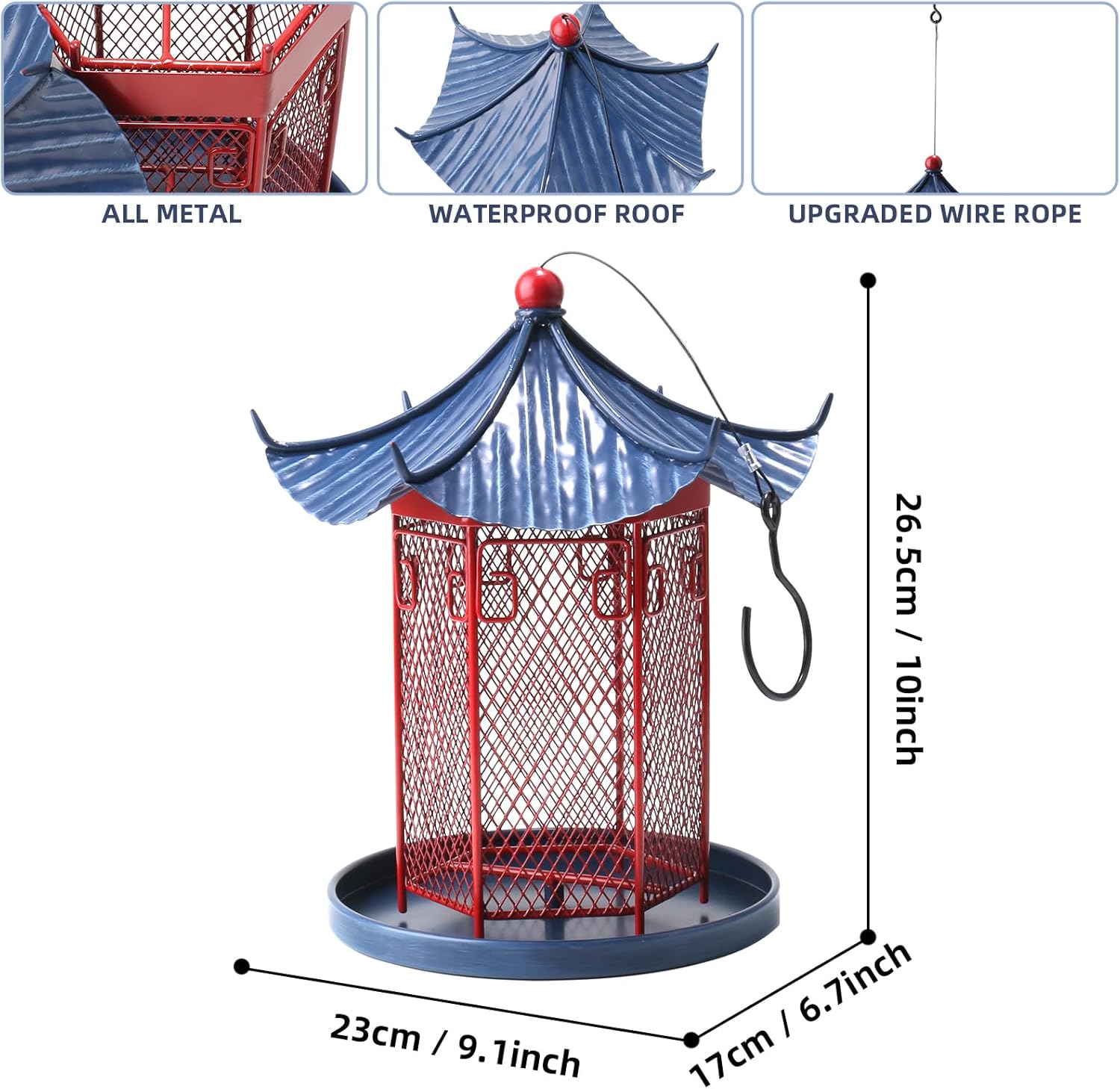 Chinese Style Metal Bird Feeder, Vintage Hanging Caged Bird Feeders for Outdoors, Garden Décor, for Patio, Balcony, and Yard, Large Capacity for Wild Birds, Hummingbird Feeder with Roof&Tray
