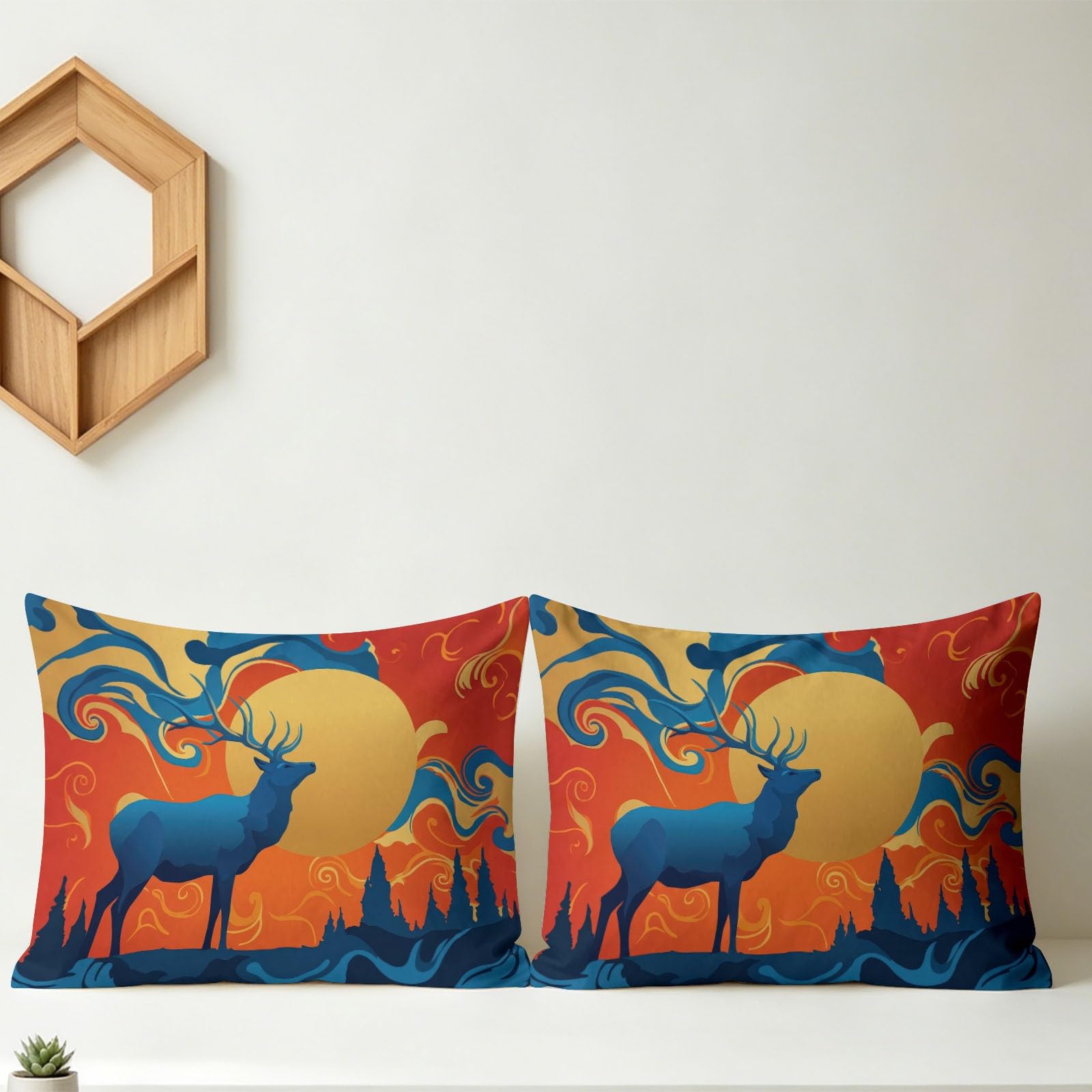 Art Deco kołdra całoroczna 135 x 200 cm, kołdra pikowana - kołdra bez poszewki w stylu vintage, zwierzęta, niebieski, łoś, krętliwa chmura, świecąca pomarańcza, na 4 pory roku, nadaje się do prania