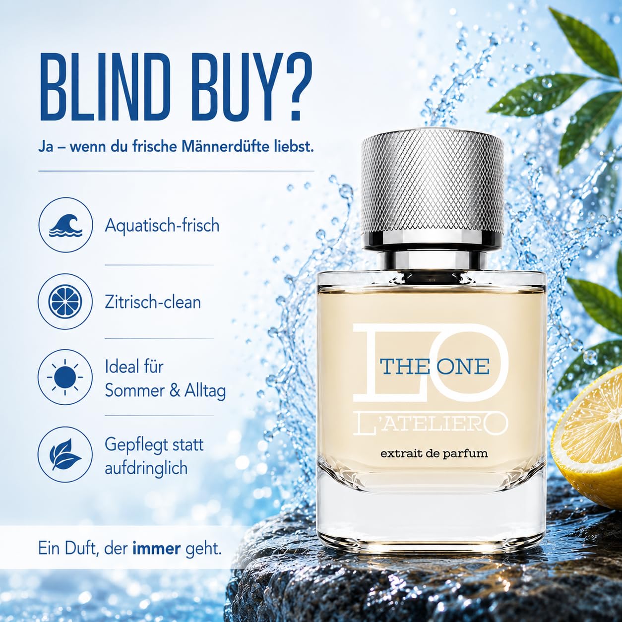 L'ATELIERO - THE ONE - Sommerduft für Herren Extrait de Parfum 50 ml | Frisches Sommerparfum mit 25% Duftöl, aquatisch zitrischer Duft, clean, intensiv und langanhaltend