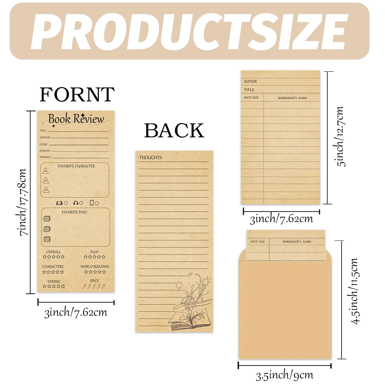 Book Review Bookmarks Bulk Vintage Library Card Pockets with Envelopes Kraft Bookmark for Librarys Checkouts Classroom Supplies Bookworms Bookish Favorites (Suit) - Image 2