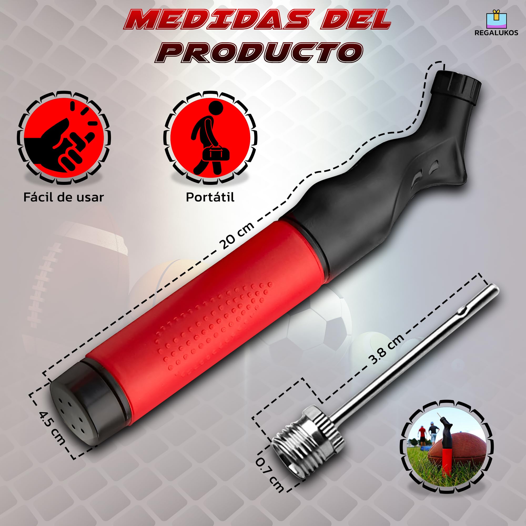 Inflador Balones + 5 Agujas de inflado + Bolsa Tela Negra para Guardar Inflador | Hinchador Balones de Fútbol, Baloncesto, Balonmano, Voleibol, Rugby, etc.