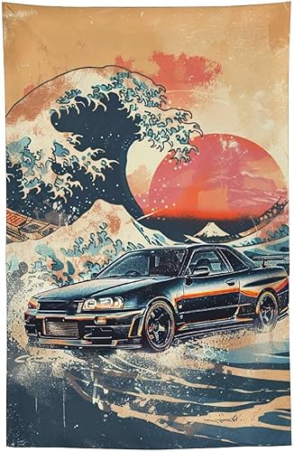 Miniatura 12 de QEOPGNE Tapiz grande para colgar en la pared, diseño de puente de puerta dorada, grandes olas, japonés, retro, Jdm, auto, R34, tapiz para