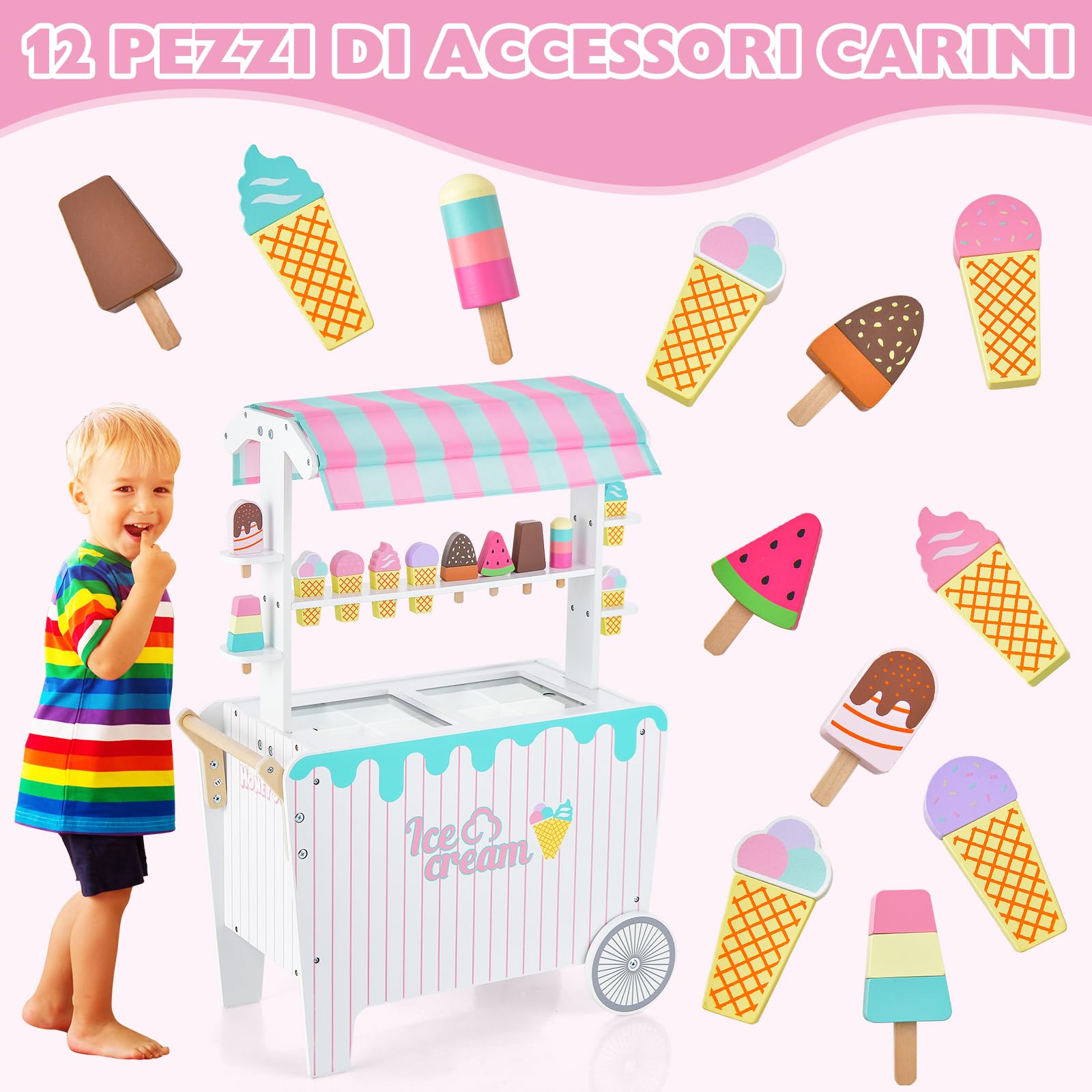 GYMAX Carrello dei Gelati per Bambini con 2 Ruote, Tettuccio Unico, Supporto per Commercianti con Ripiano Espositivo e Scomparto per il Congelatore, Giochi d'imitazione per Bambini 3 Anni+