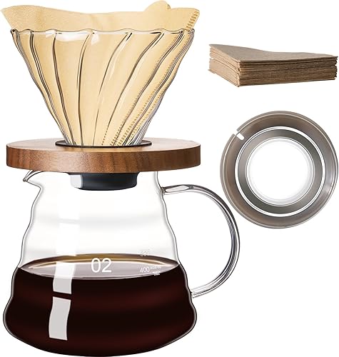 Juego de cafetera para verter sobre 20 onzas, servidor de café de vidrio borosilicato con 50 piezas de filtro de papel V60, jarra de goteo para el