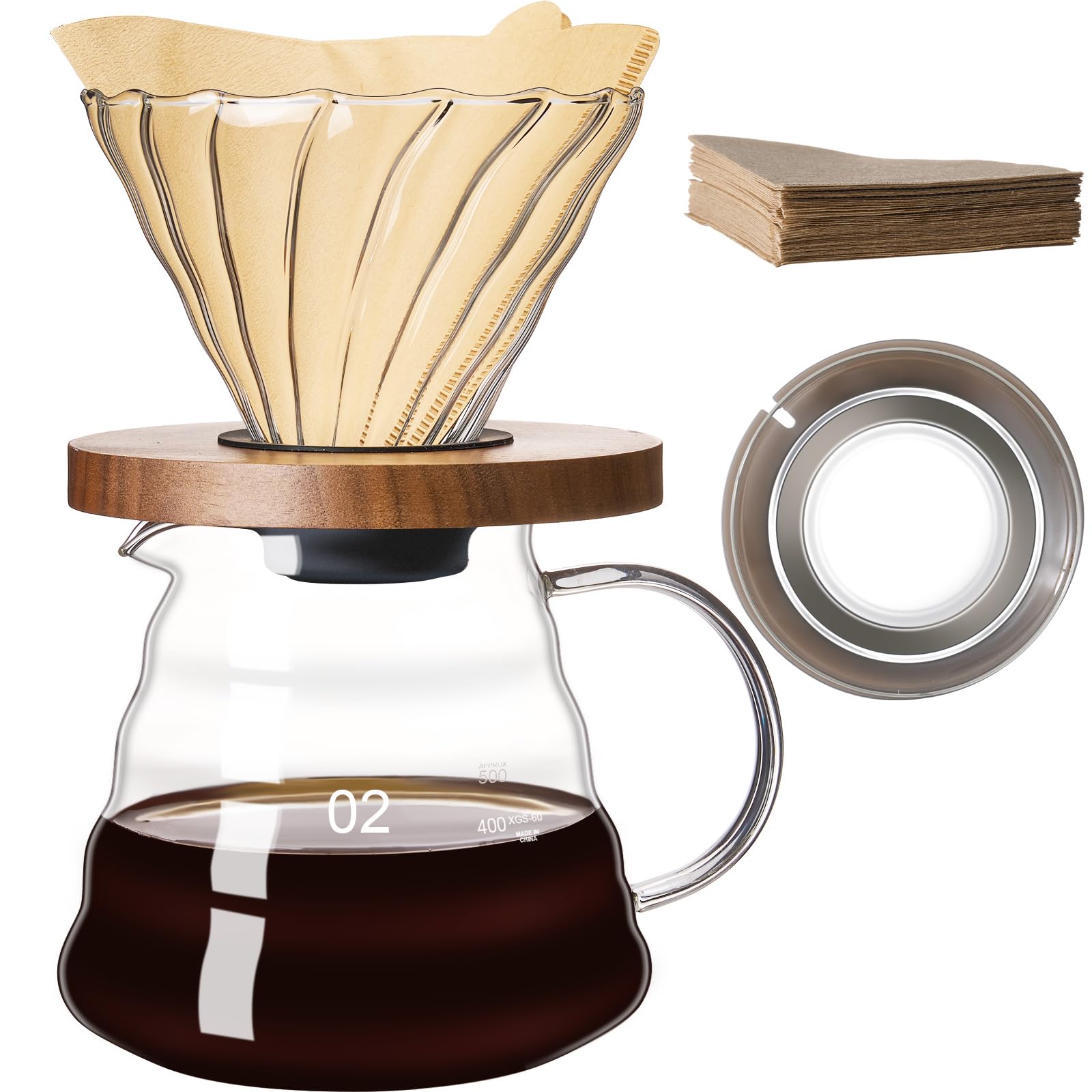 gegewawa Pour Over Coffee Maker Set 20 OZ, Borosilicate Glass Coffee Server with 50 pcs Paper Filter, Pour Over Coffee Dripper Carafe for Home Cafe Restaurant Camping