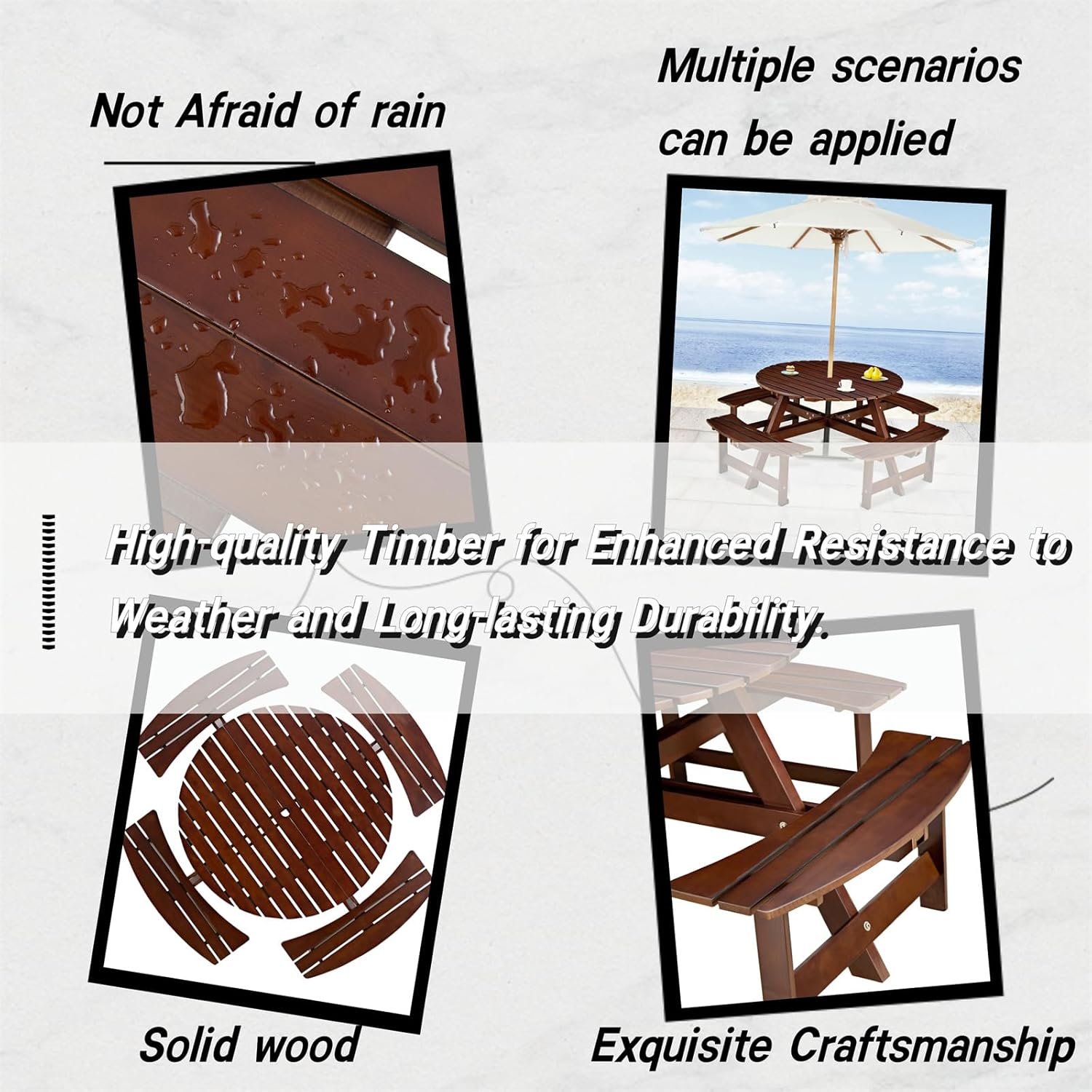8-Person Outdoor Round Picnic Table Set with 4 Built-in Benches & Umbrella Hole - Perfect for Garden, Backyard, Porch & Patio - Brown Wood