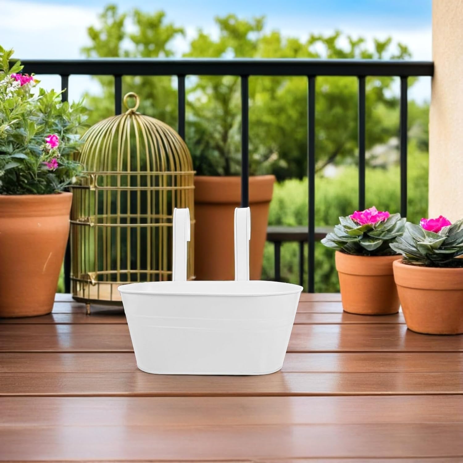 3pcs White Iron Metal Hanging Planter Pots with Detachable Handles for Balcony Window Railing Outdoor Garden Patio Rail Planters Container