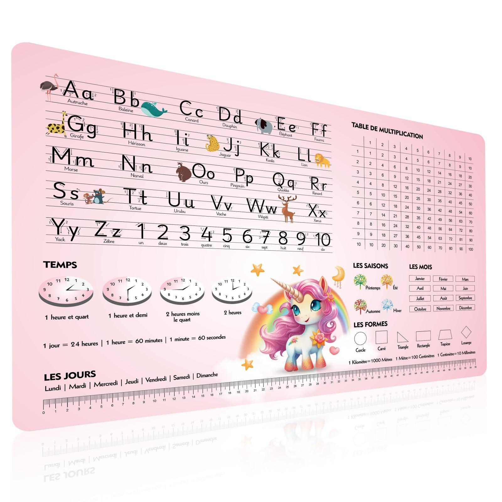 Éducatif Sous-main pour Enfant 40x60cm - Français - Thème Licorne - ABC avec Animaux - 1X1 - Formes - Heures - Tapis de Bureau Imperméable - Cuir PU Double Face effaçable facile à Nettoyer