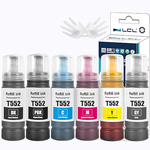 Miniatura 1 de LCL T552 552 - Botellas de repuesto de tinta para impresora EcoTank Photo ET-8500 ET-8550 (6 unidades, negro, negro fotográfico, cian, magenta,