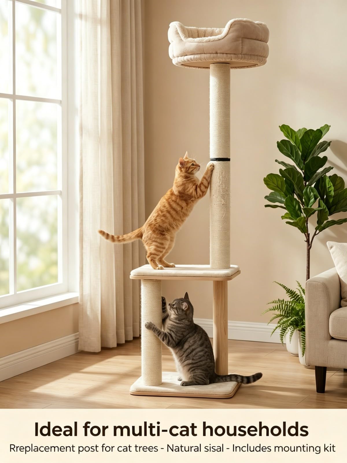 Poteau Griffoir Chat de Remplacement en Sisal Naturel - 34 cm, Compatible M8, Écologique - 2 Pièces avec Vis et Clé