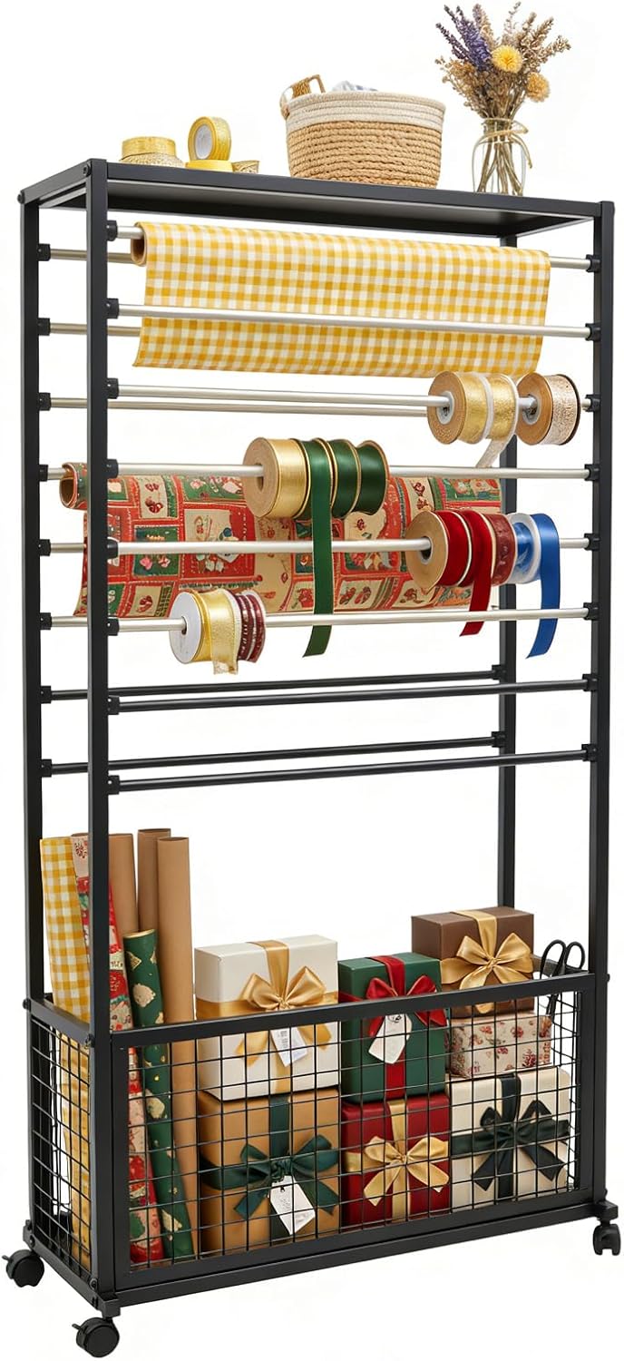16 Tier Ribbon Holder Organizer Rack, Double-Sided Metal Rolling Ribbon Storage Organizer with Wheels & Storage Basket, Movable Spool Rack for Craft Room Flower Shop Wrapping Paper Stand (Black)