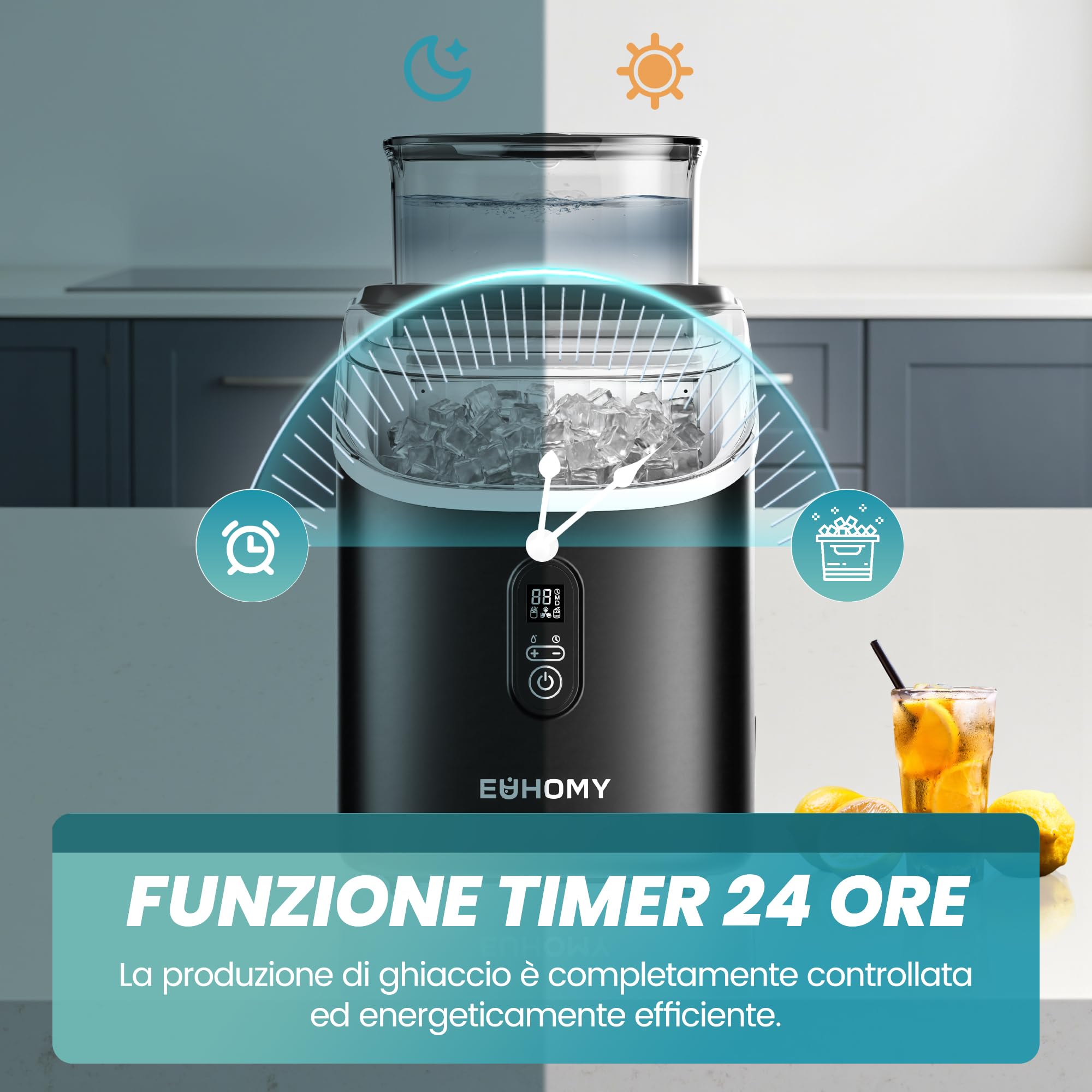 EUHOMY Macchina del Ghiaccio Casa: 15 KG/24H, 16 Cubetti in 13 Minuti Macchina per il Ghiaccio Autopulente, 1,5L con Paletta/Cestello, per Cucina/Ufficio, Nero