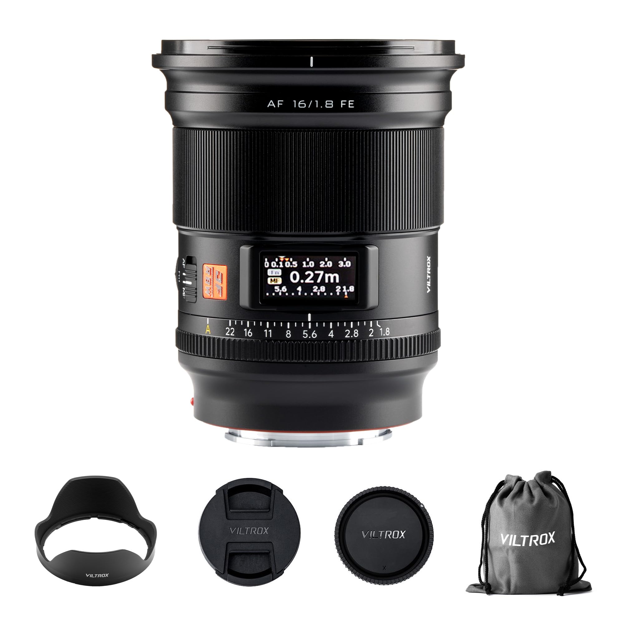 VILTROX 16mm f/1.8 FE Full Frame Lens for Sony E-Mount, Auto Focus Large Aperture Wide-Angle Lens with Built-in LCD Screen Compatible with Sony E-Mount Cameras a6100 a7 a7C a7III a7RIII a7RIV a7RV a9