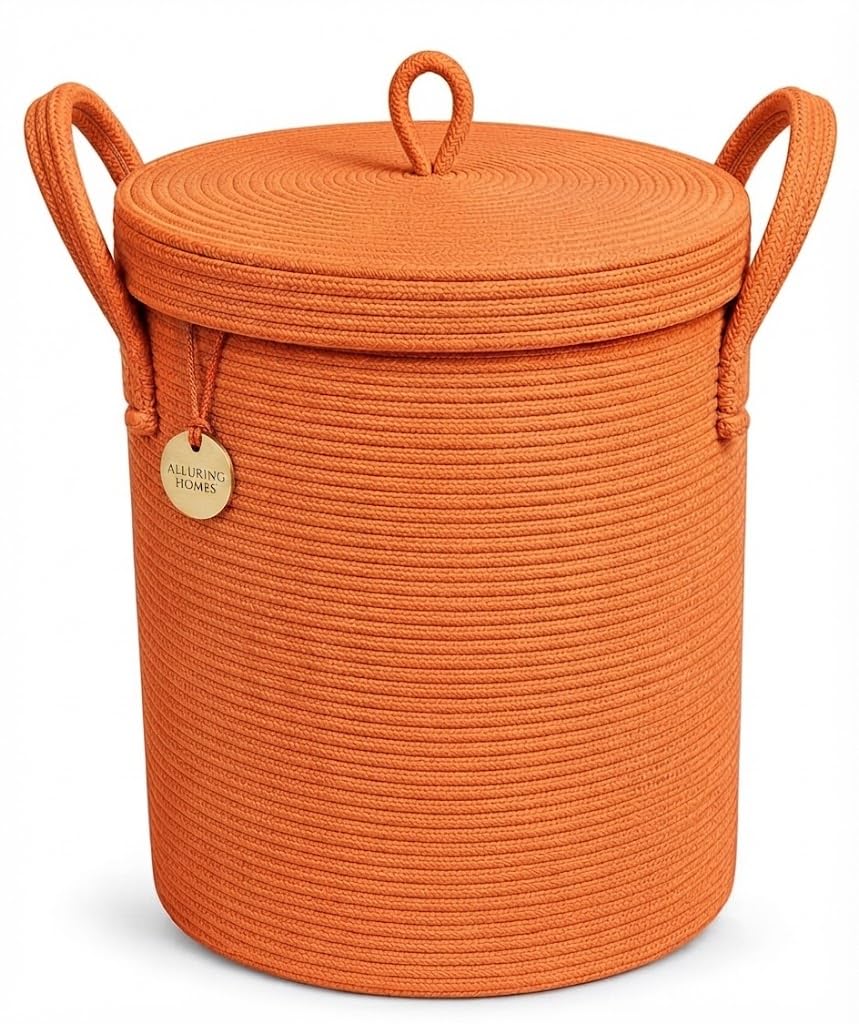 Extra Large Lid Laundry Basket - Woven Rope Washing Basket for Laundry, Aesthetic Storage Basket for Blankets, Clothes, Towels, Shoes, Kids Toy Bin Box, WicHamper, 15x20, ORANGE-image-31