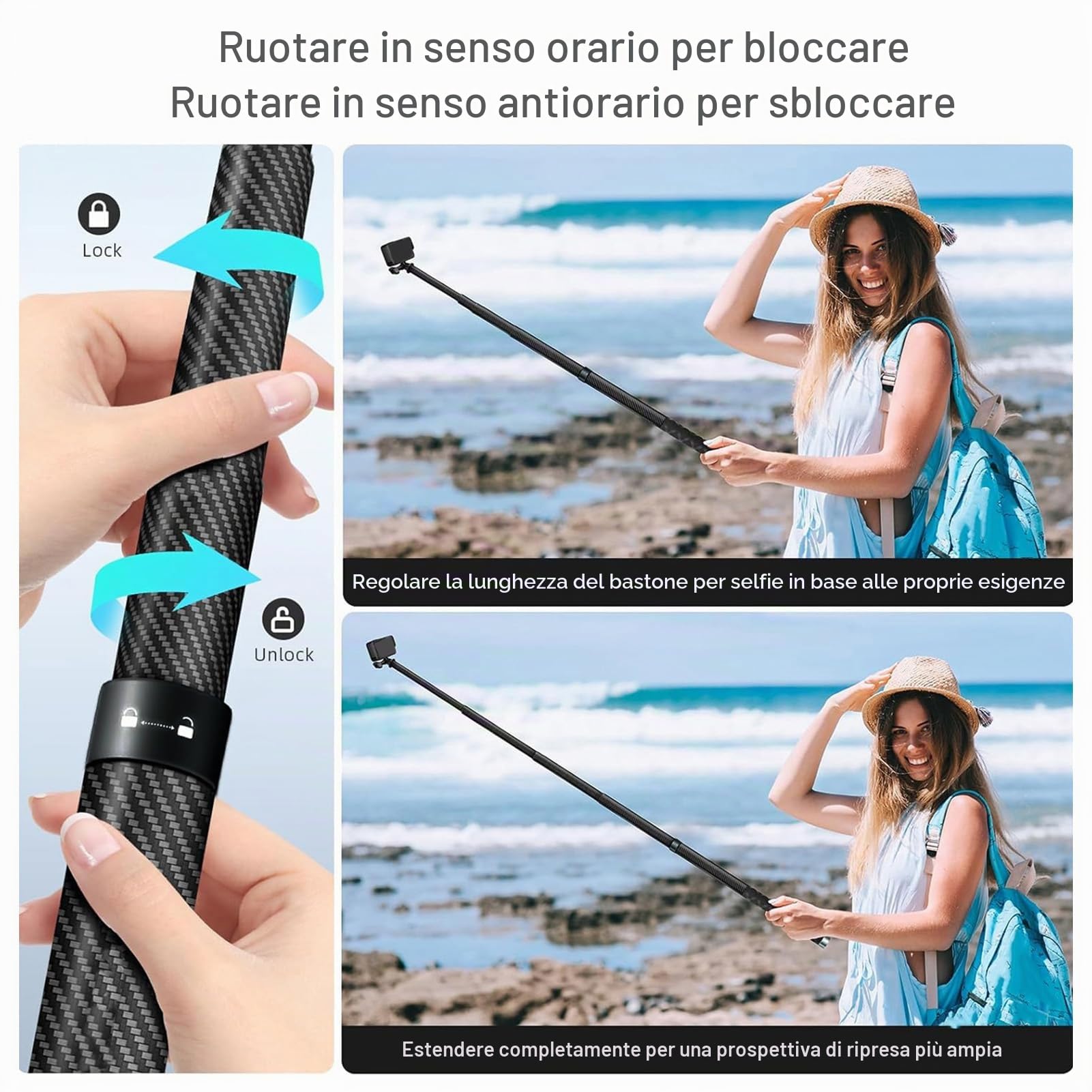 Stick Selfie Invisibile da 5 M/16,4 Piedi, a 9 Sezioni in Fibra di Carbonio a Palo Super Lungo per X4 X3 X2, Interfaccia a Vite Doppia da 1/4 Pollici