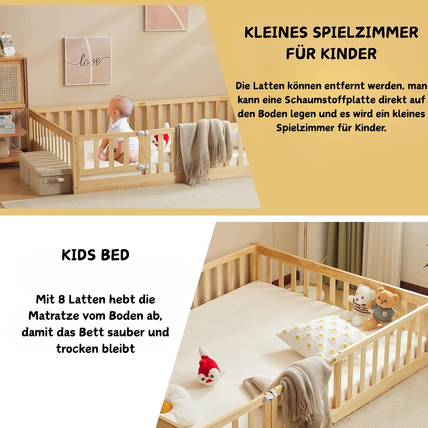 LALAHO 2-in-1 Bodenbett Montessori Kinderbett mit freien Toren, 140×200 cm Herausfallschutz & Lattenrost | Gitterbett, Kinder-Jugendbett, Einzelbett | bis 300 kg Tragfähigkeit, umbaubar（Natur）