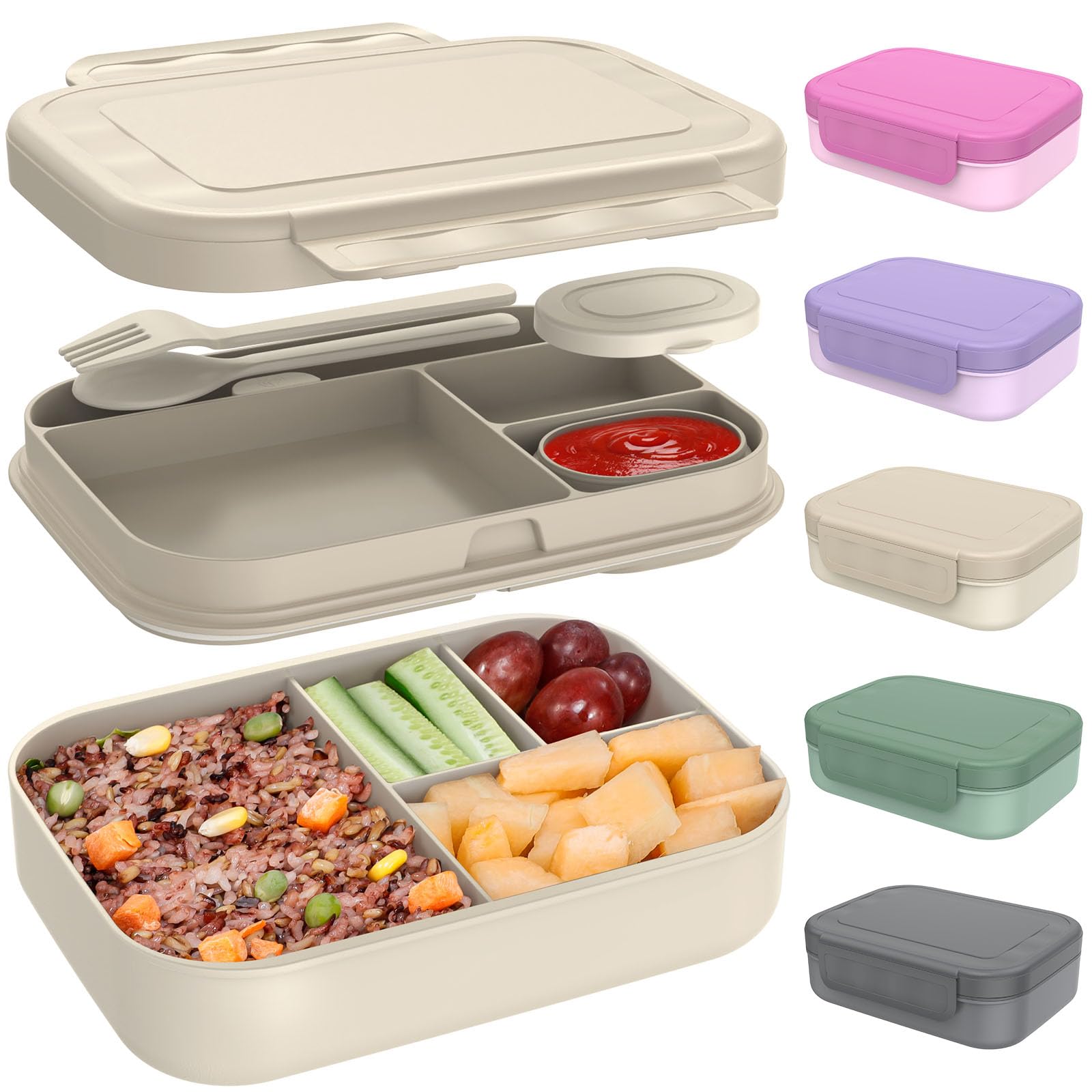 Caperci Stackable Bento Lunch Box for Adult & Teens - Reinforced Leak-Proof Lunch Container 4-Compartment with Utensils & Sauce Container, BPA-Free, Dishwasher/Microwave Safe, 47oz (Pale Mocha)