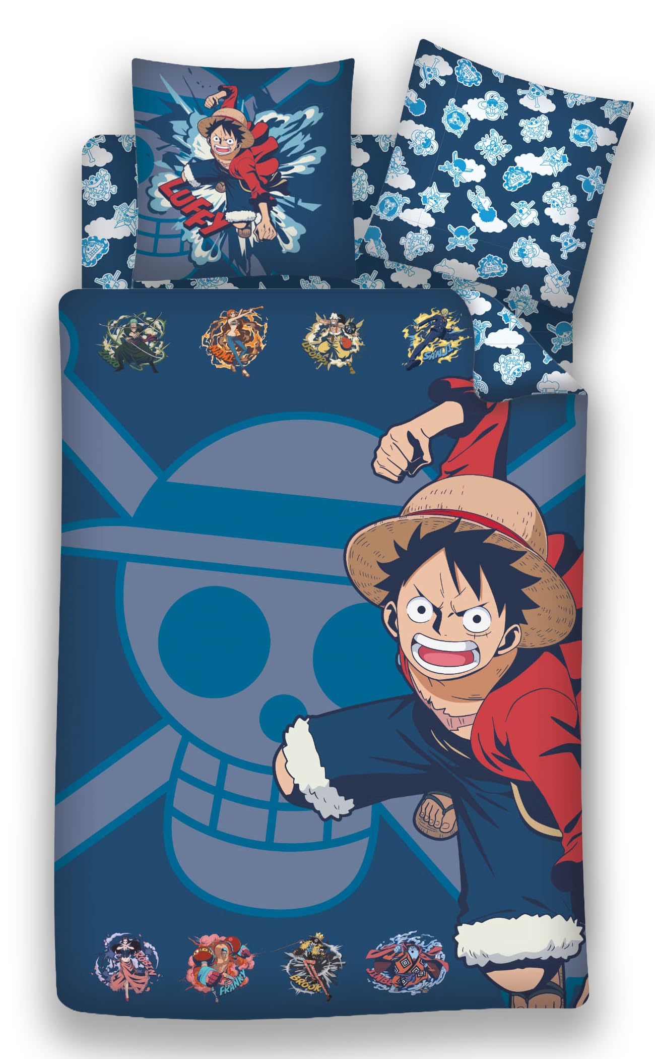 One Piece Juego Cama 3 Piezas Luffy 140x200 + Funda 63x63 + Sábana 90x200 | Microfibra Oeko-Tex | Compatible 90x190-200 | Luffy Jolly Roger | Licencia oficial | Niños 8-16 | Reversible