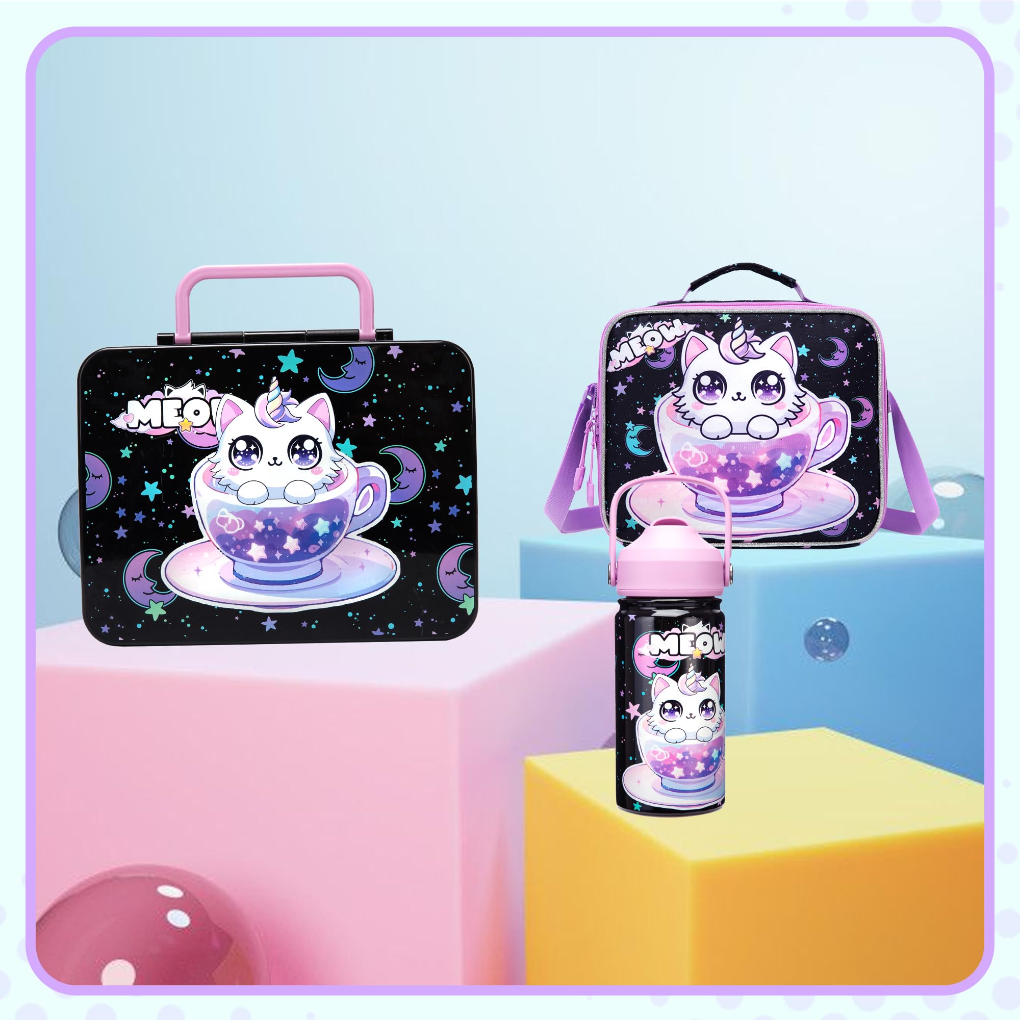 Lonchera para niñas, caja Bento para niños con bolsa de almuerzo, botella de agua de acero inoxidable, juego de bolsa de hielo, regalos de cumpleaños para edades de 3 a 12 años de vuelta a la 7