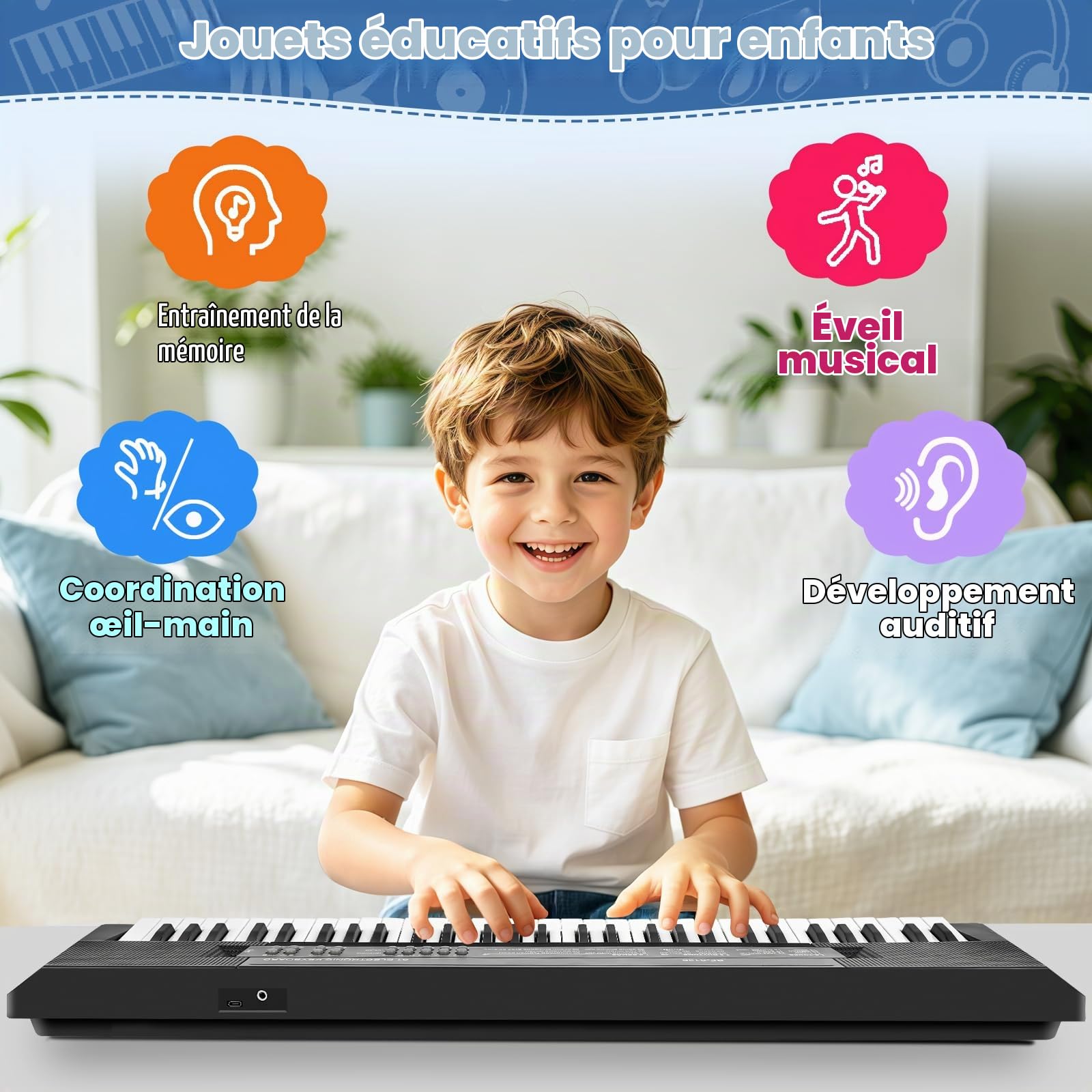 61 Touches Enfants Piano Clavier, Piano Électronique Clavier Musical Jouet | Piano Enfants Musical avec Micro, Instruments de Musique Jouet Cadeau pour Débutants Garçons et Filles de 3 à 12 Ans