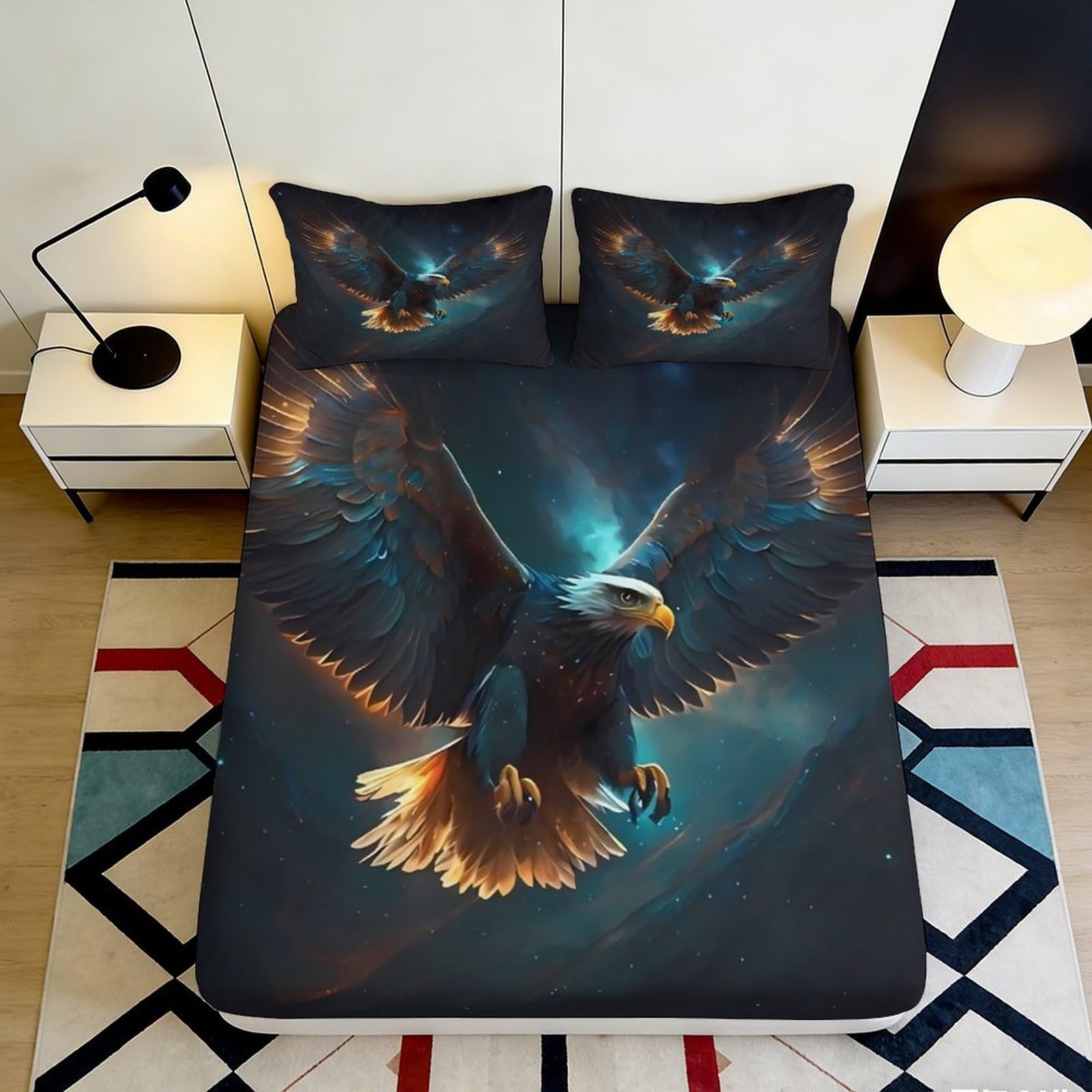 3D Printed Soaring Eagle Fitted Sheet Microfiber Soft Breathable Night Sky Mattress Cover for Bedroom Decor 90x200x25cm