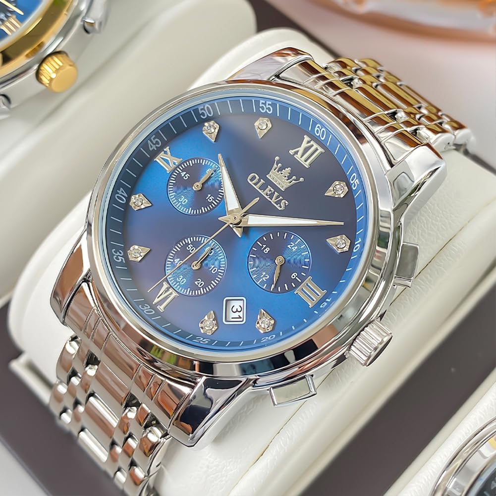 OLEVS Hommes en Acier Inoxydable Chronographe Doré Argent Analogique Quartz Grand Cadran Diamant Montre De Luxe éTanche Date Cadran NuméRique Romain