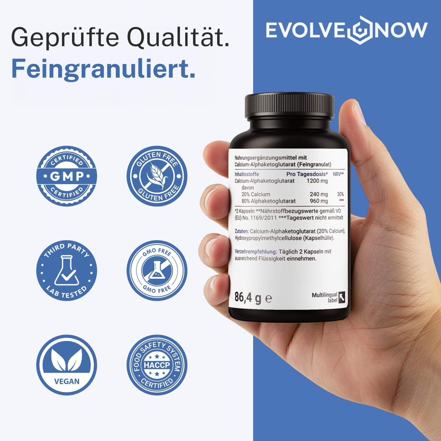 Evolve Now CaAKG 600 mg pro Kapsel – Calcium-Alphaketoglutarat – 120 vegane Kapseln – 1200 mg Tagesdosis – Laborgeprüft & Frei von Zusätzen