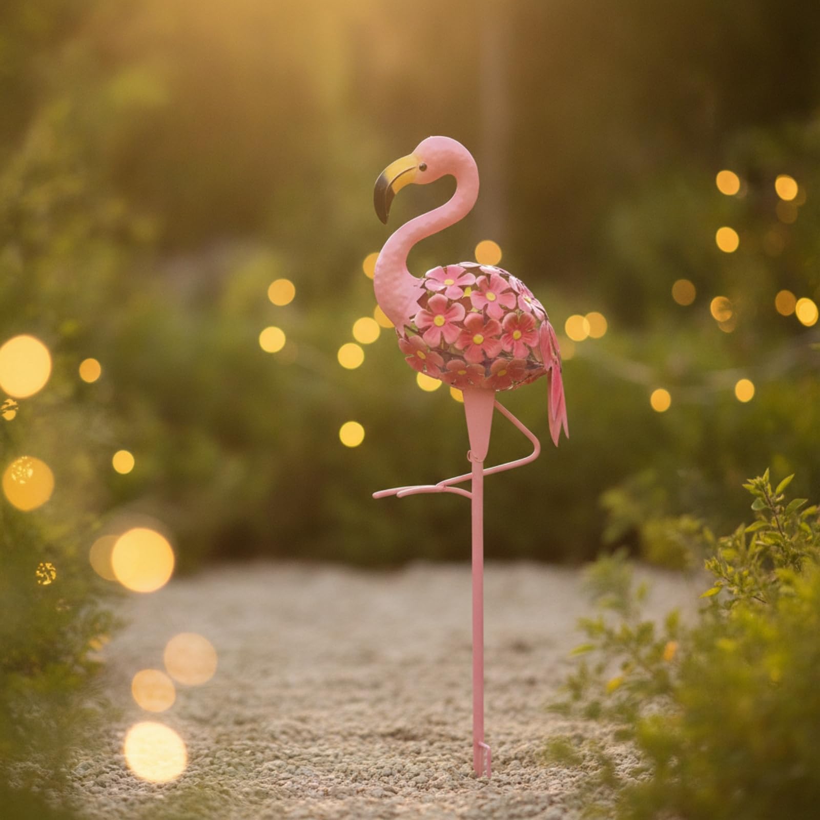 Flamingo Skulptur Metall Gartenfigur Deko Statue Gartenskulptur mit Blumenmuster Langlebig mit Bodenstecker für Hof Beet Balkon Außenbereich Dekoration 70cm