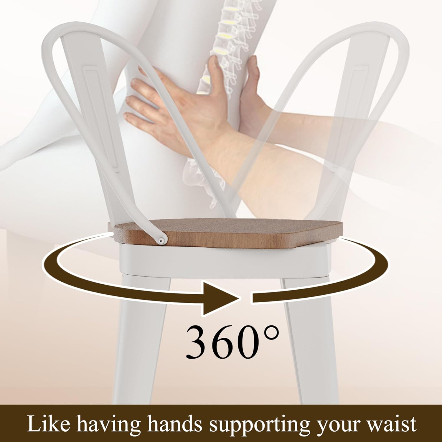 Close-up images detailing the features of the Aklaus bar stool, including the 360-degree swivel seat, large wooden seat, sturdy metal frame, and non-slip foot pegs.