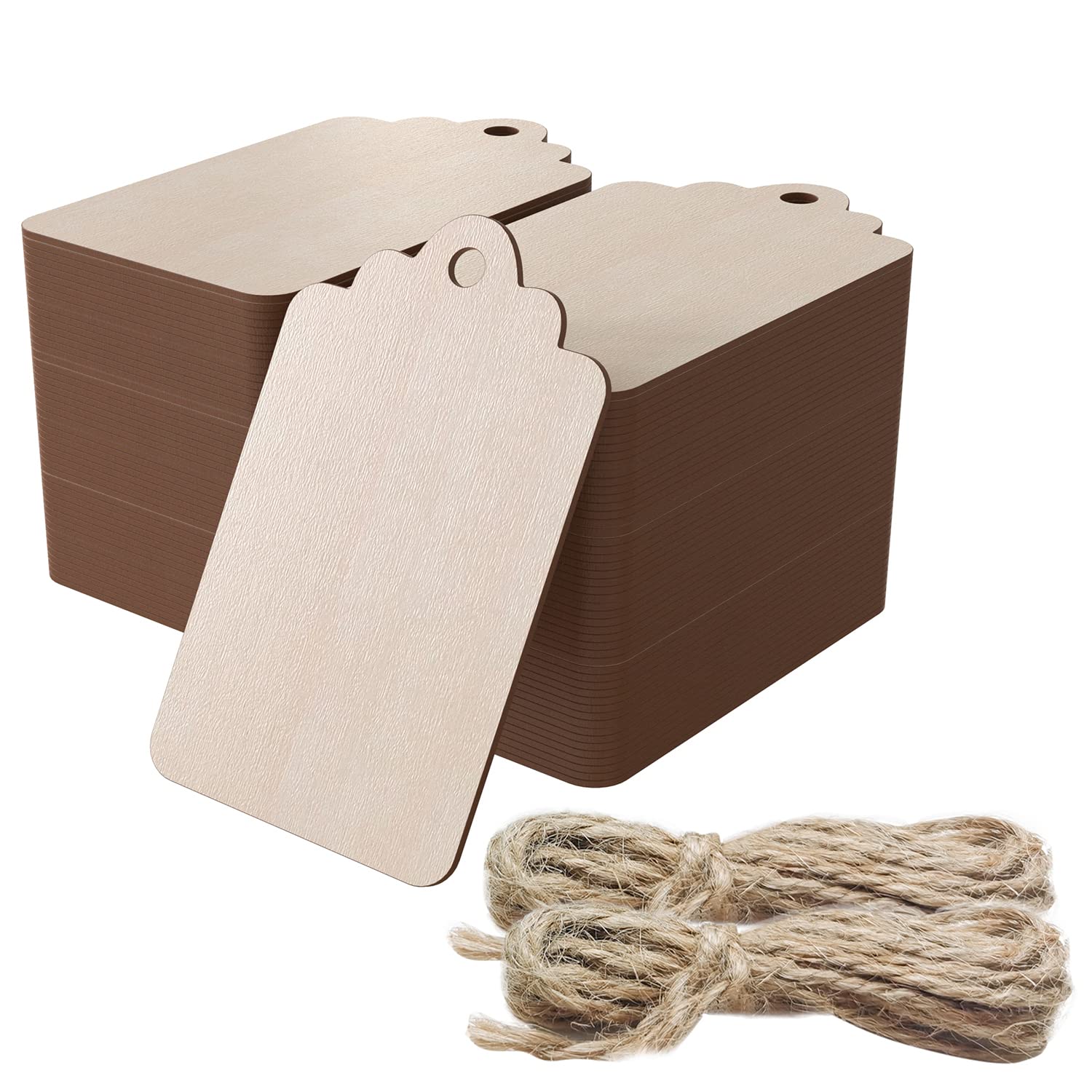 100 etiquetas de madera, etiqueta de madera colgante sin terminar con agujeros y cordel para manualidades, decoraciones colgantes, pinturas (2.7 x 1.5 pulgadas)