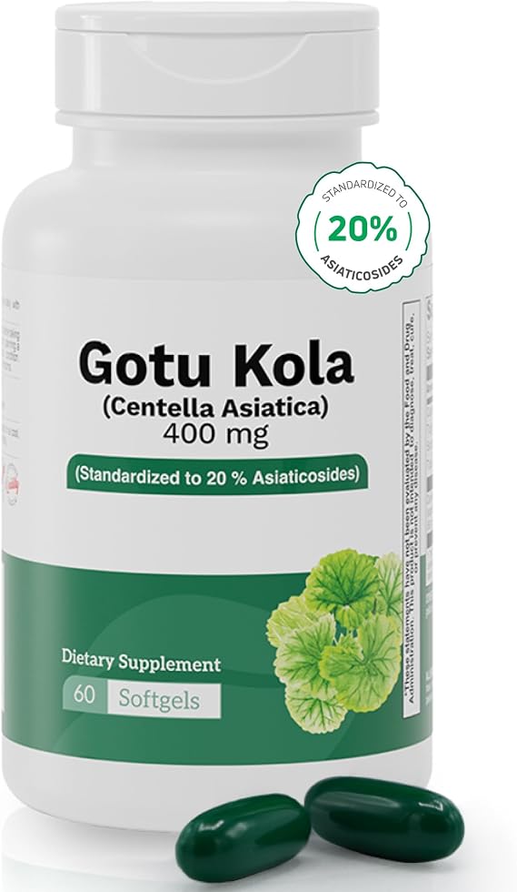 Gotu Kola 400 mg (Centella Asiatica) Standardized to 20% Asiaticosides Supports Circulation, Cognitive Function & Skin Health 60 Softgels