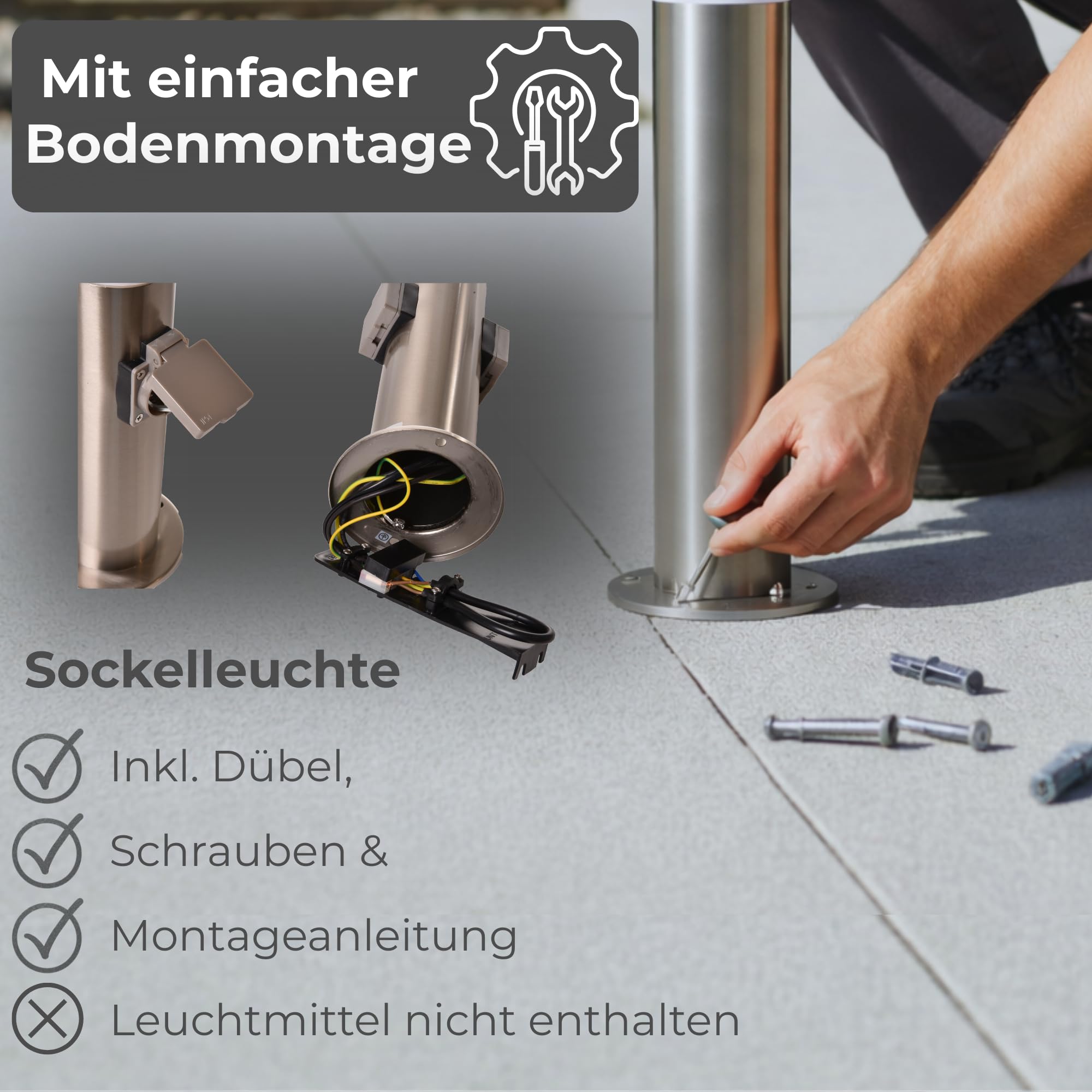 Novatool Gartenlampe I 80 cm I mit 2 Steckdosen I Edelstahl I IP44 I E27 Sockel I Gartenleuchte Stehlampe Säulenlampe außen Aussenleuchten Steckdosenverteiler Steckdosenturm Gartensteckdose…