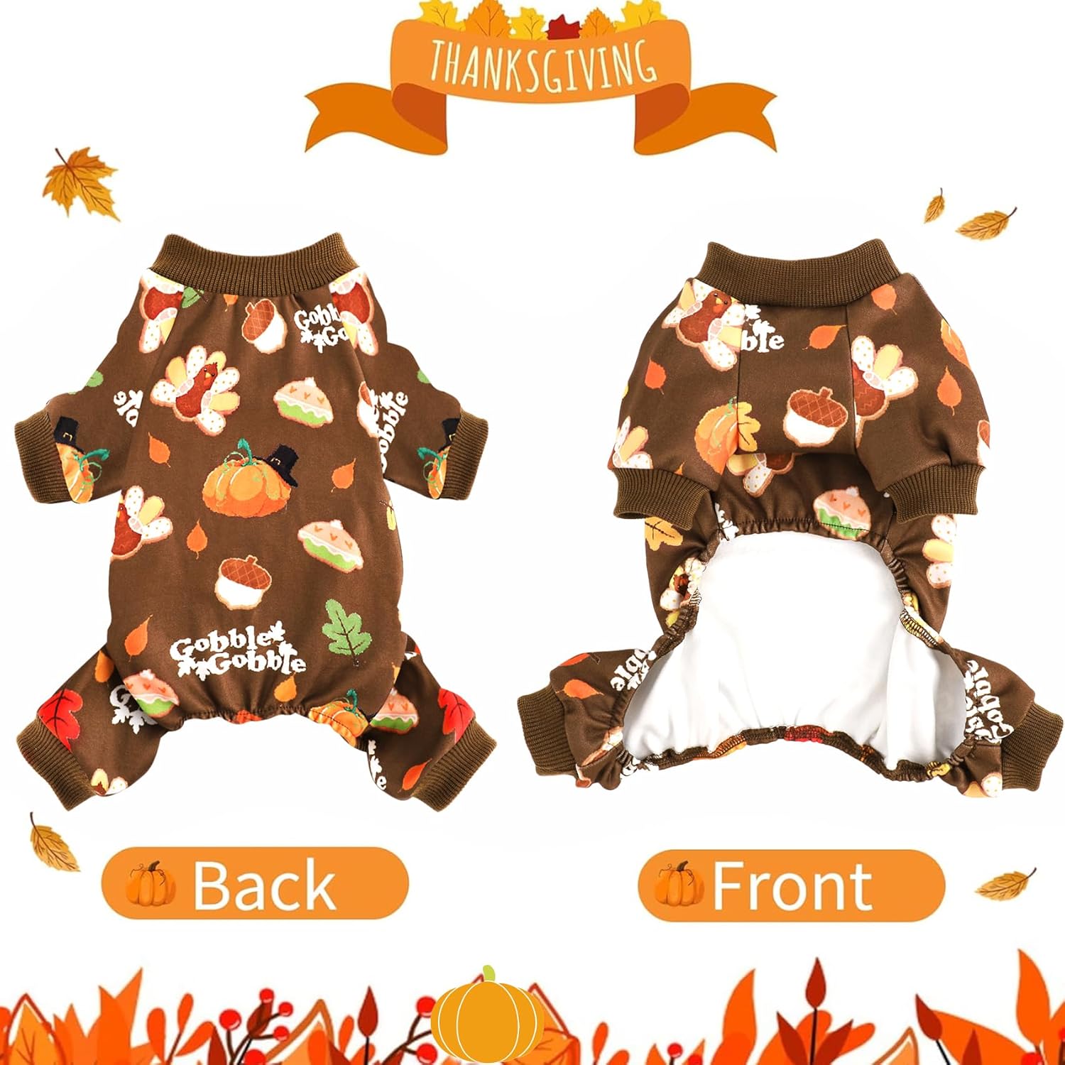Dog Thanksgiving Pajamas, Turkey Pumpkin Pjs Pet Outfit Clothes Costume, Fall Winter for Small Dogs Boy Girl, Cat Apparel, Brown, S