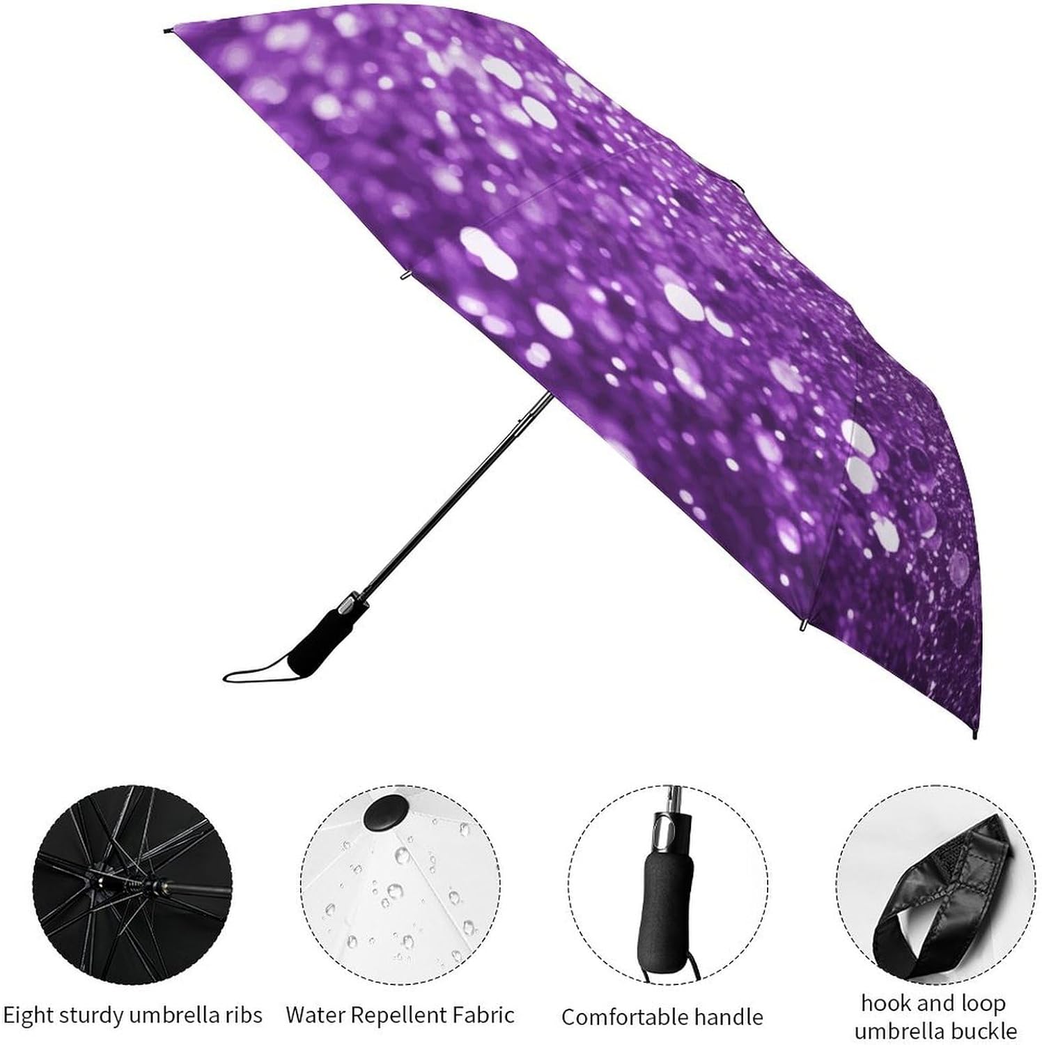 Sparkling Purple Glitter Umbrella Extra Large Folding, Travel Umbrella Windproof, Compact, Golf Umbrella With Unique Patterns, Fashionable And Beautiful for Men And Women.