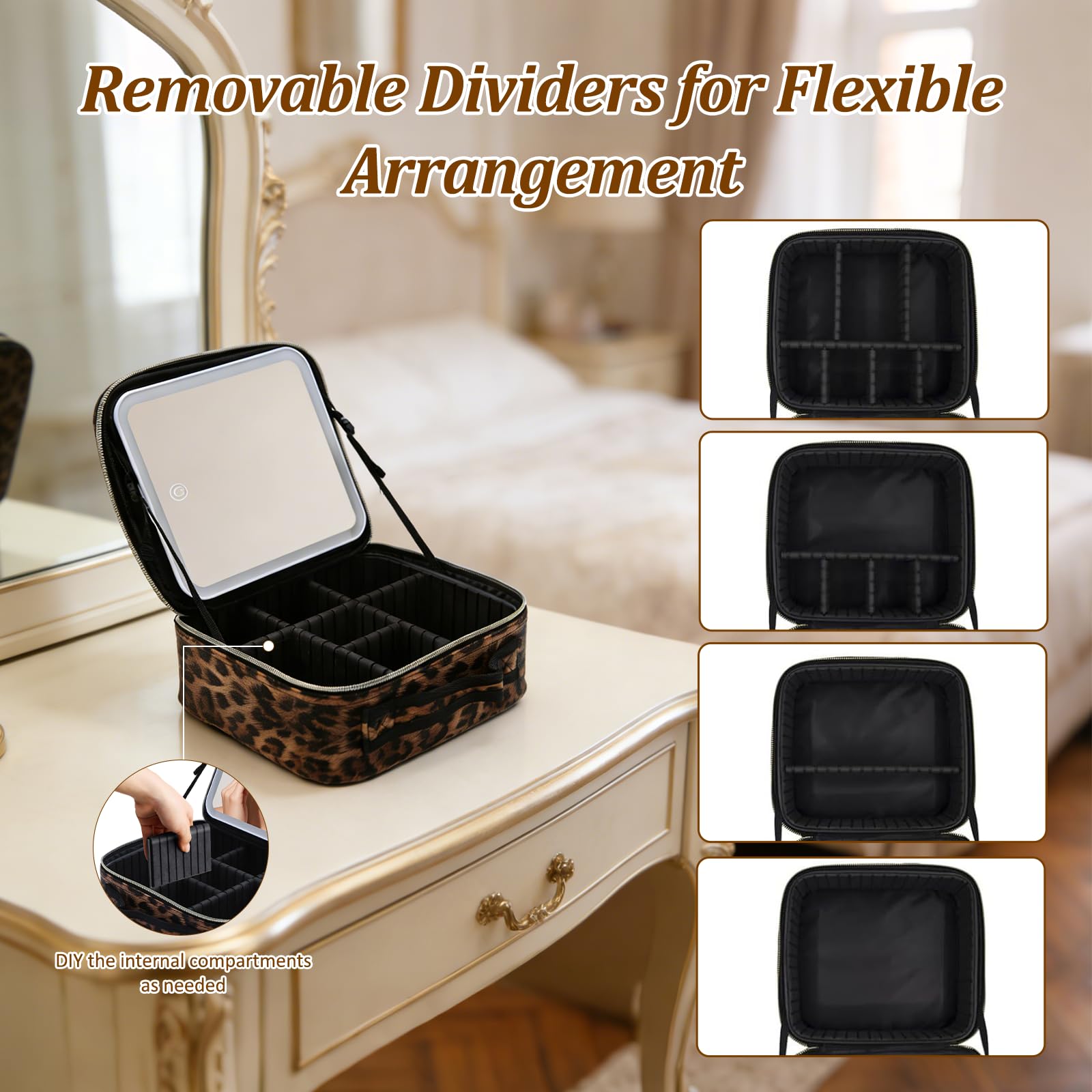 Reise-Make-up-Tasche mit LED-Spiegel, Make-up-Organizer mit verstellbarem Fach, großes Fassungsvermögen, Kosmetiktasche, 3 Farbmodi, beleuchteter Spiegel, Make-up-Tasche (Leopardenmuster)