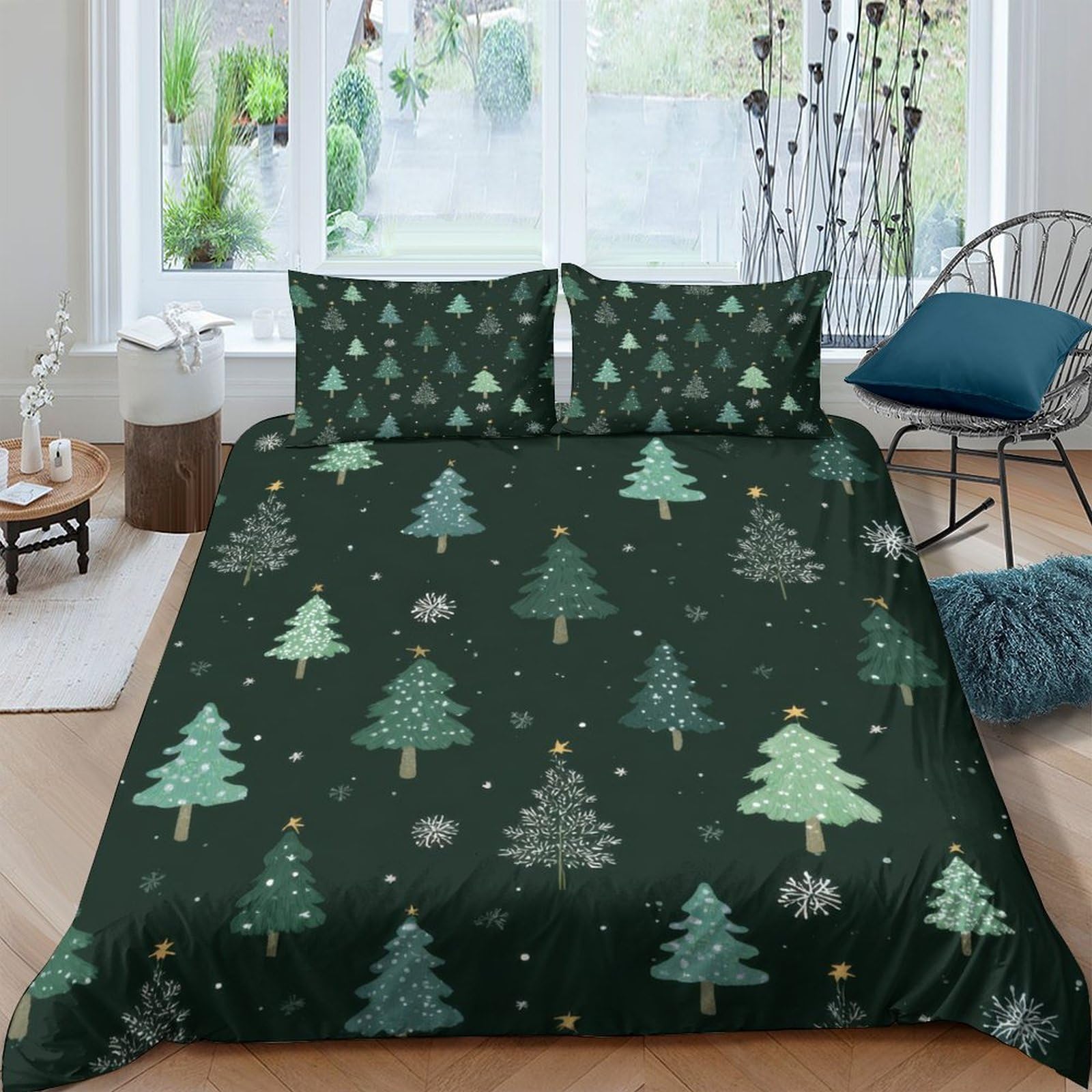 Ctjqhvkz Style-2 3D Printed Christmas Tree Fitted Sheet Microfiber Soft Dark Green Snowflake Bed Cover For Bedroom Guestroom Decor Single（135X200cm）