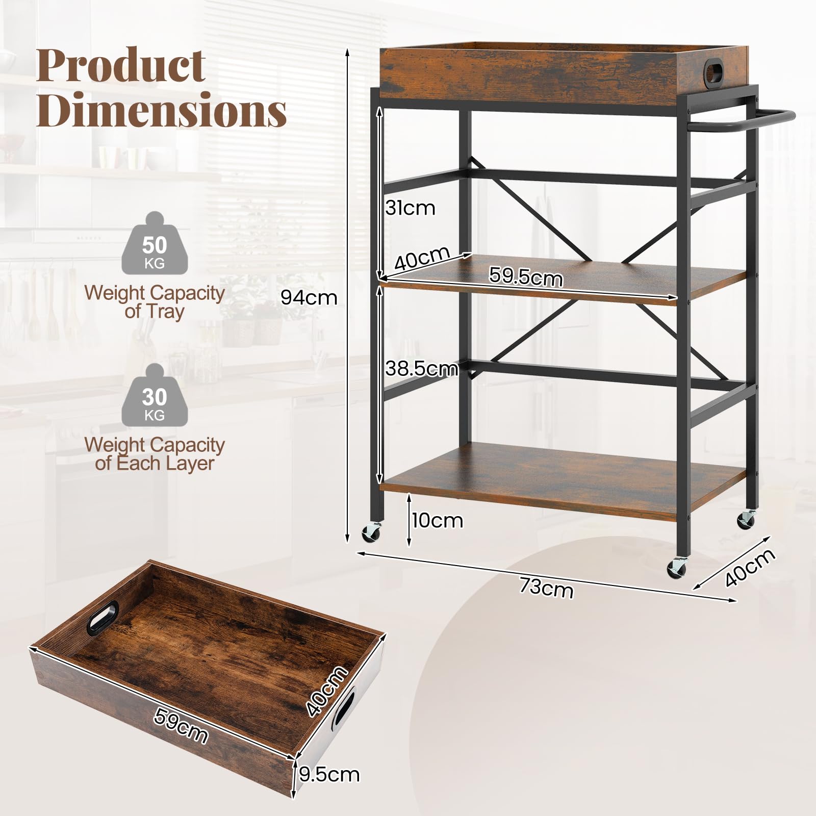 GIANTEX Carrello da cucina con vassoio estraibile e 4 ruote, carrello di servizio a 3 livelli con telaio in metallo, 73 x 40 x 94 cm, stile industriale, carrello ausiliario per cucina, sala da pranzo,