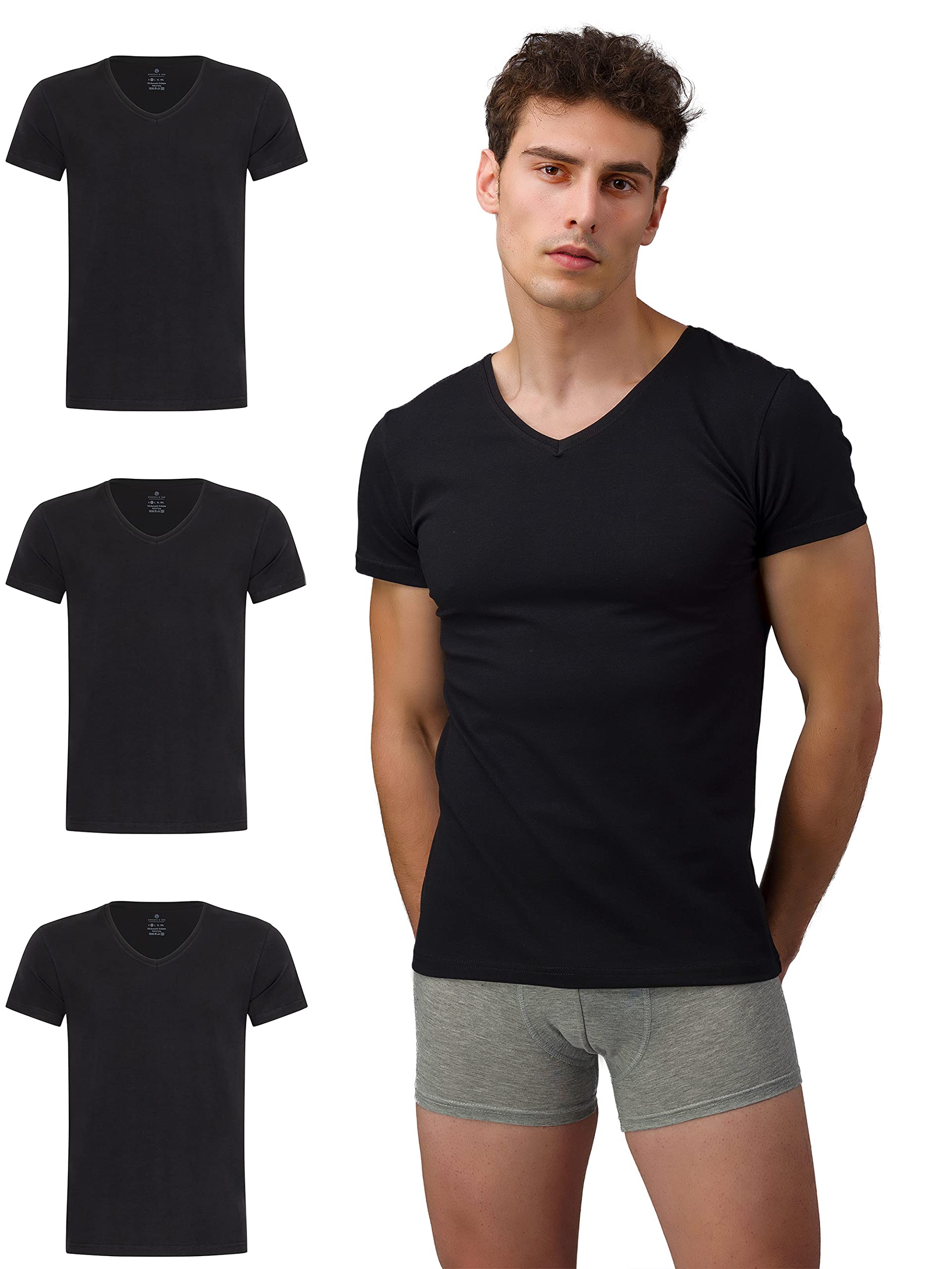 Burnell & Son Camiseta interior para hombre, paquete de 3 unidades, cuello de pico, elástico, manga corta, camiseta de algodón básico, corte ajustado