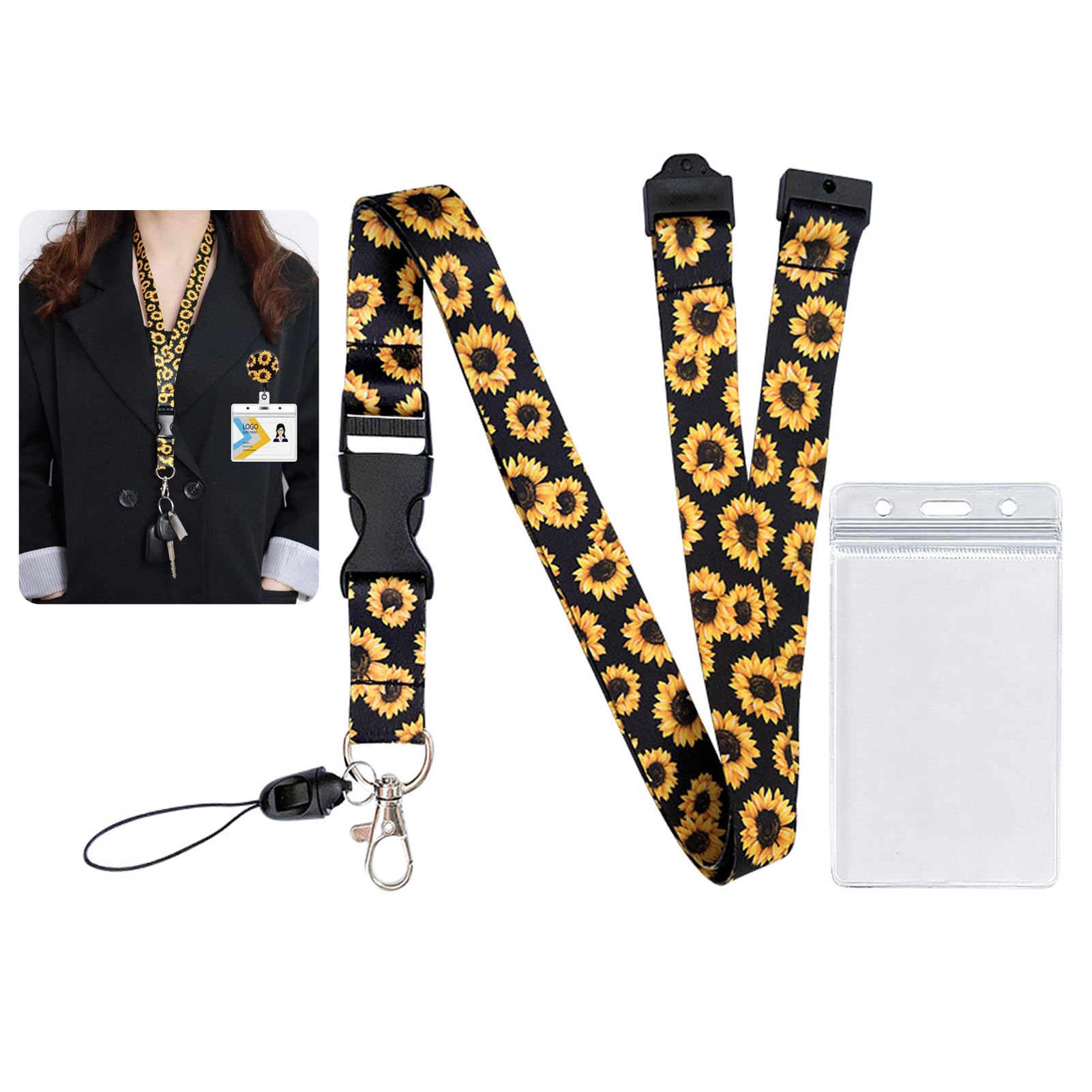Lanyard for Keys Breakaway Lanyard Neck Strap for Women for id Card Badge Holder with Metal Clip(Black Sunflower) - Image 2