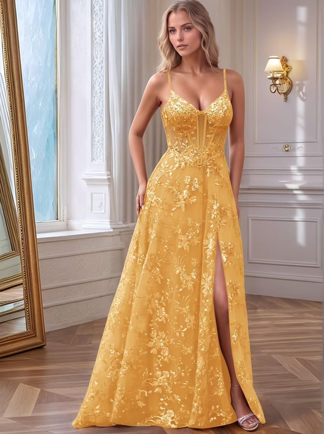 Sonlay Tulle Appliques Prom Dresses with Slit V Neck Sequin Evening Gown for Women Formal Pageant Dress Long