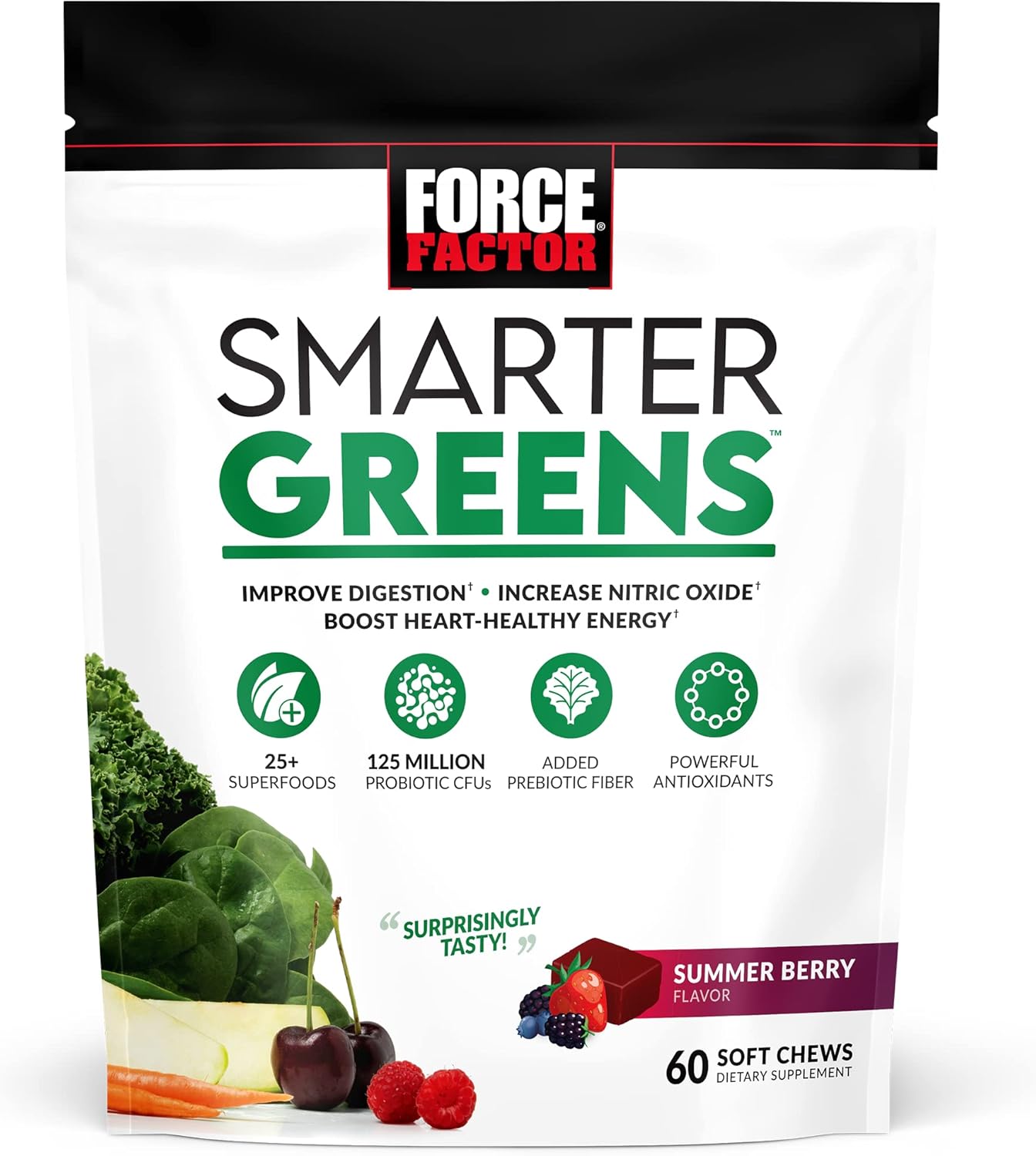 Force Factor Smarter Greens Superfood Chews, Greens and Superfoods with Probiotics, Antioxidants, and Fiber, Greens Supplement to Support Digestion, Nitric Oxide, and Energy, 60 Soft Chews