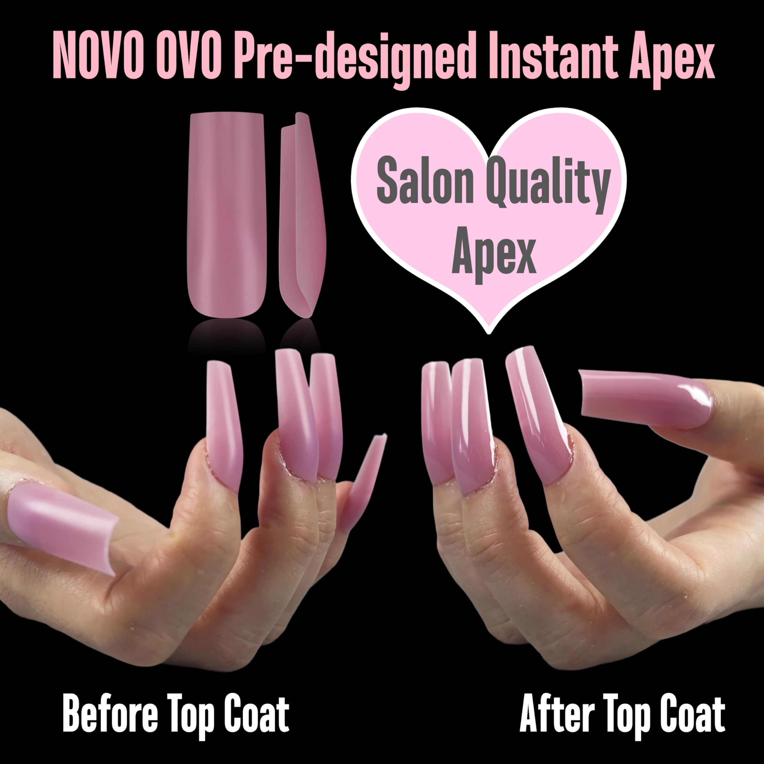 NOVO OVO Pre-designed Apex Sculpted Square Nail Tips, BERRY PINK Full Cover Acrylic Press on, Pre-applied Tip Primer & Base Coat, Extra Thick High Instant Apex Fake Nail Extensions 15 sizes 150 pc