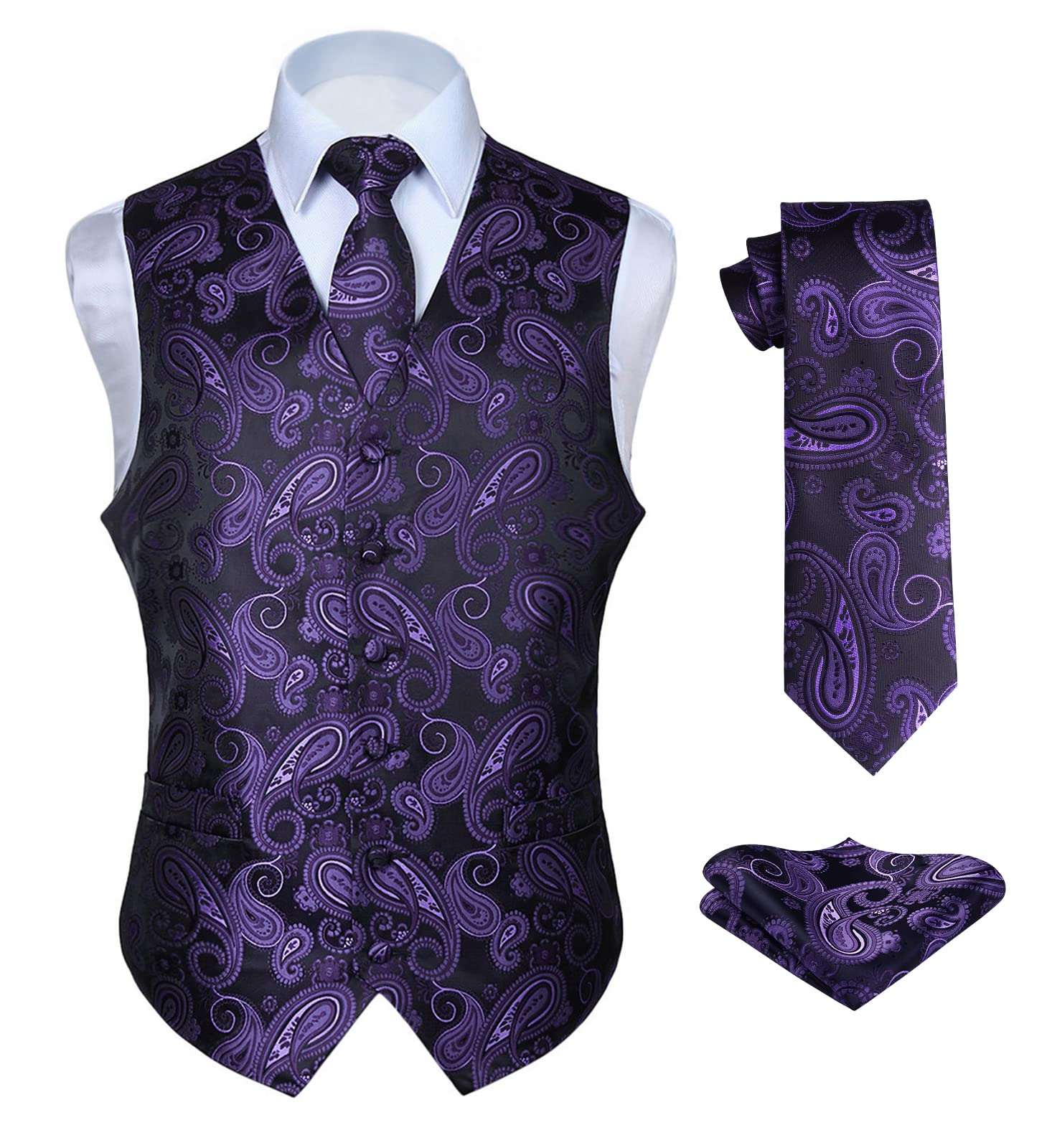 Men's Paisley Floral Jacquard Waistcoat & Neck Tie and Pocket Square Vest Suit Set-image-18