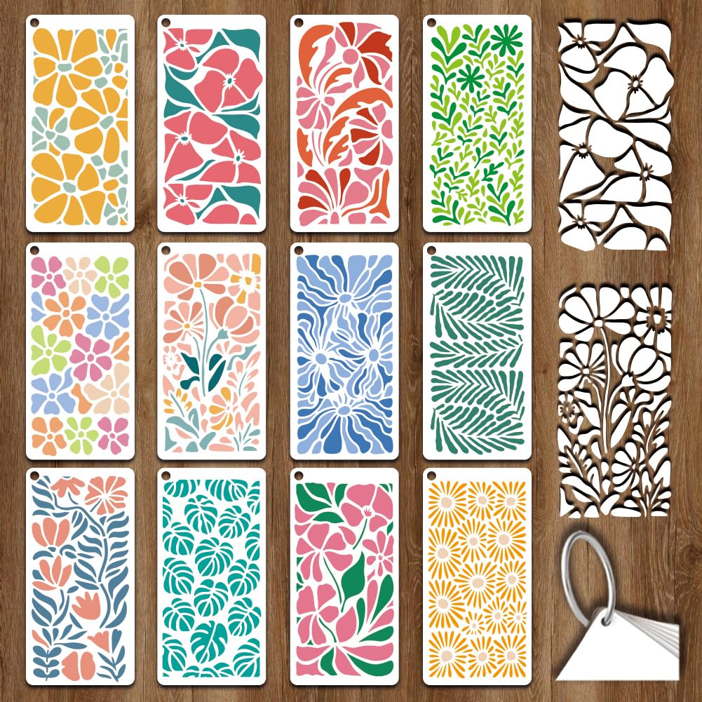 GOMAKERER 12 Sheets Matisse Plant Stencil for Painting, Matisse Leaf Floral Drawing Stencil Reusable Boho Wall Art Stencils for Home Decor on Wood Furniture Canvas