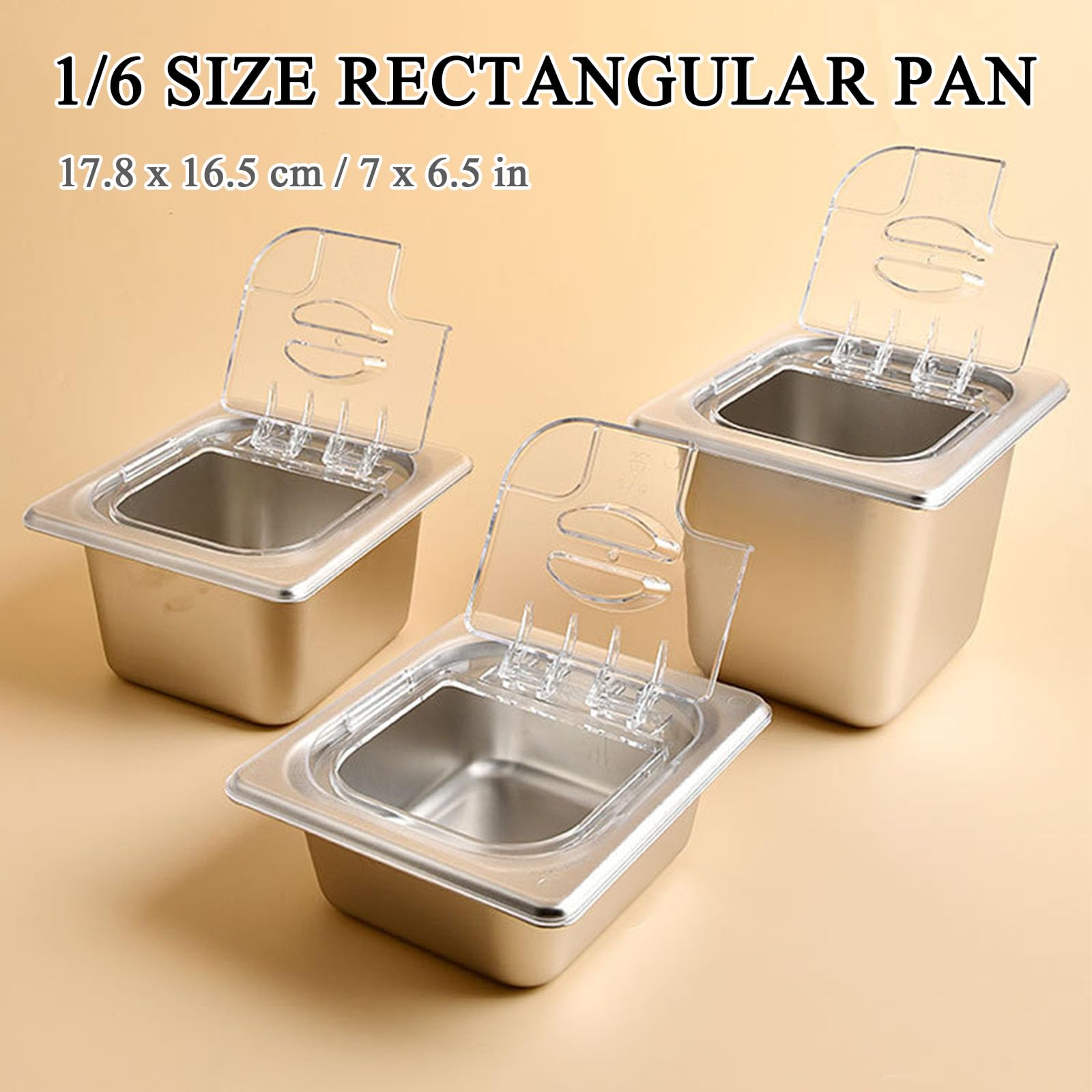 Bandejas Recipiente Gastronorm GN 1/6 2.5"/3.9"/ 5.9",Tapa Abatible Transparente,Apto Para Alimentos Horno Baño María,Acero Inox Rectangular Contenedor De Ingredientes,1/6（17.8*16.5cm）,15cm/5.9”